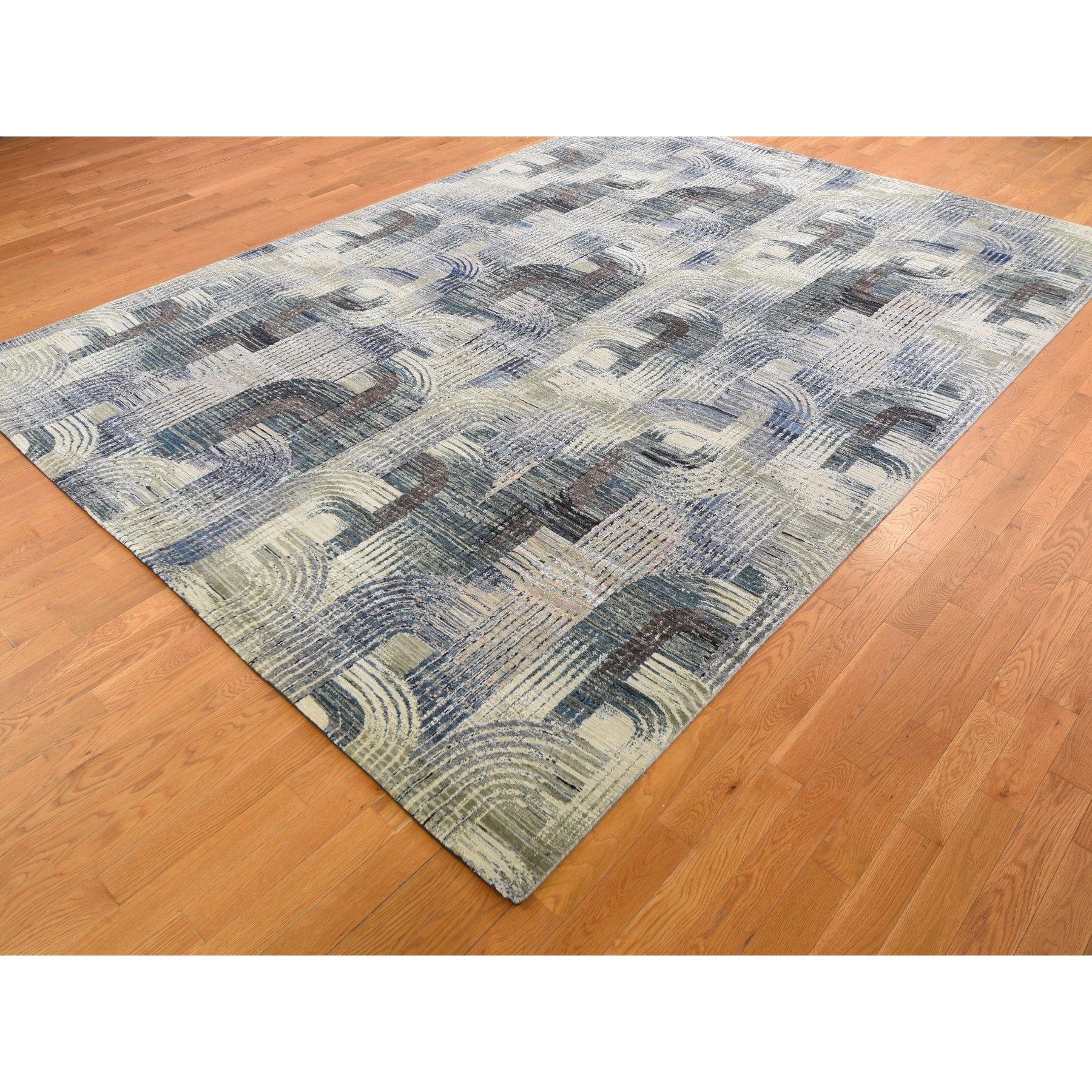 9'x12'3" Gray, THE INTERTWINED PASSAGE, Silk with Textured Wool Hand Woven Oriental Rug 