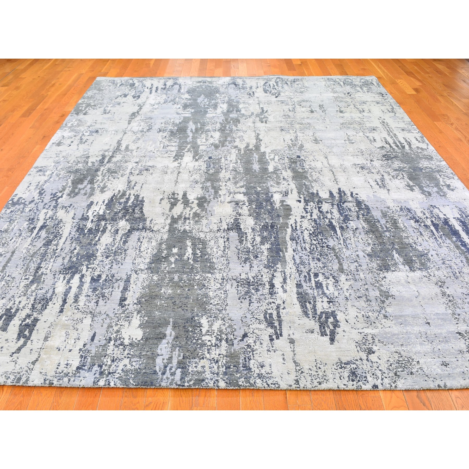 9'x12' Ivory Wool with Real Silk Abstract Design Denser Weave Hi-Low Pile Hand Woven Oriental Rug 