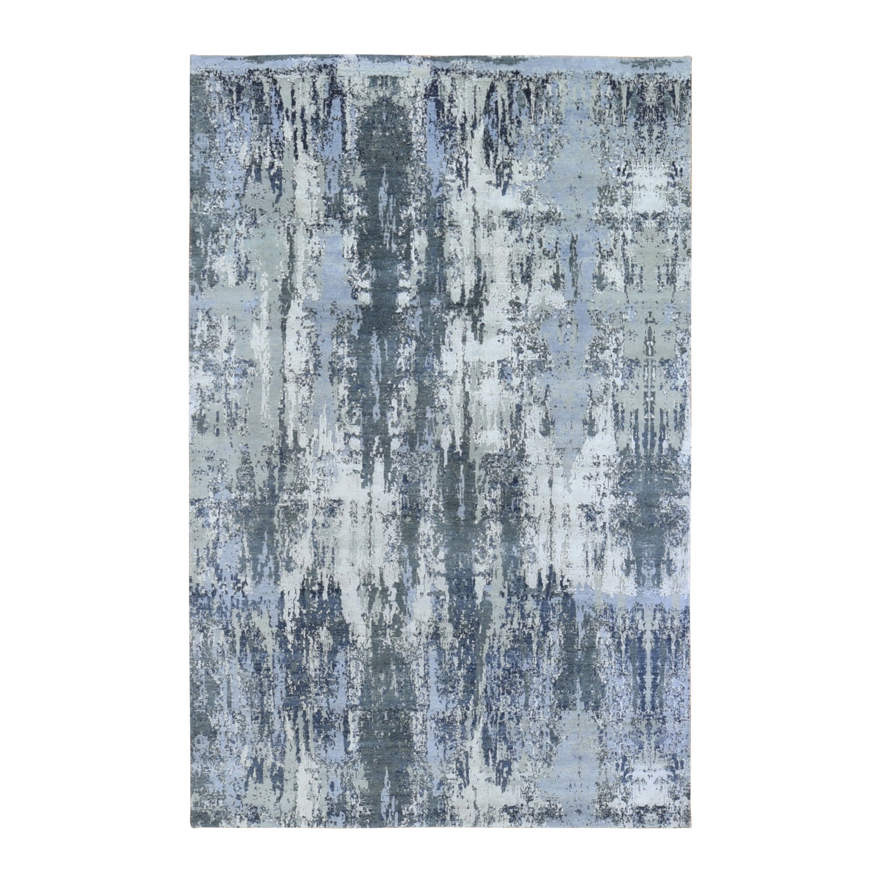 6'x9'3" Ivory Abstract Design Denser Weave Wool with Real Silk Hi-Low Pile Hand Woven Oriental Rug 