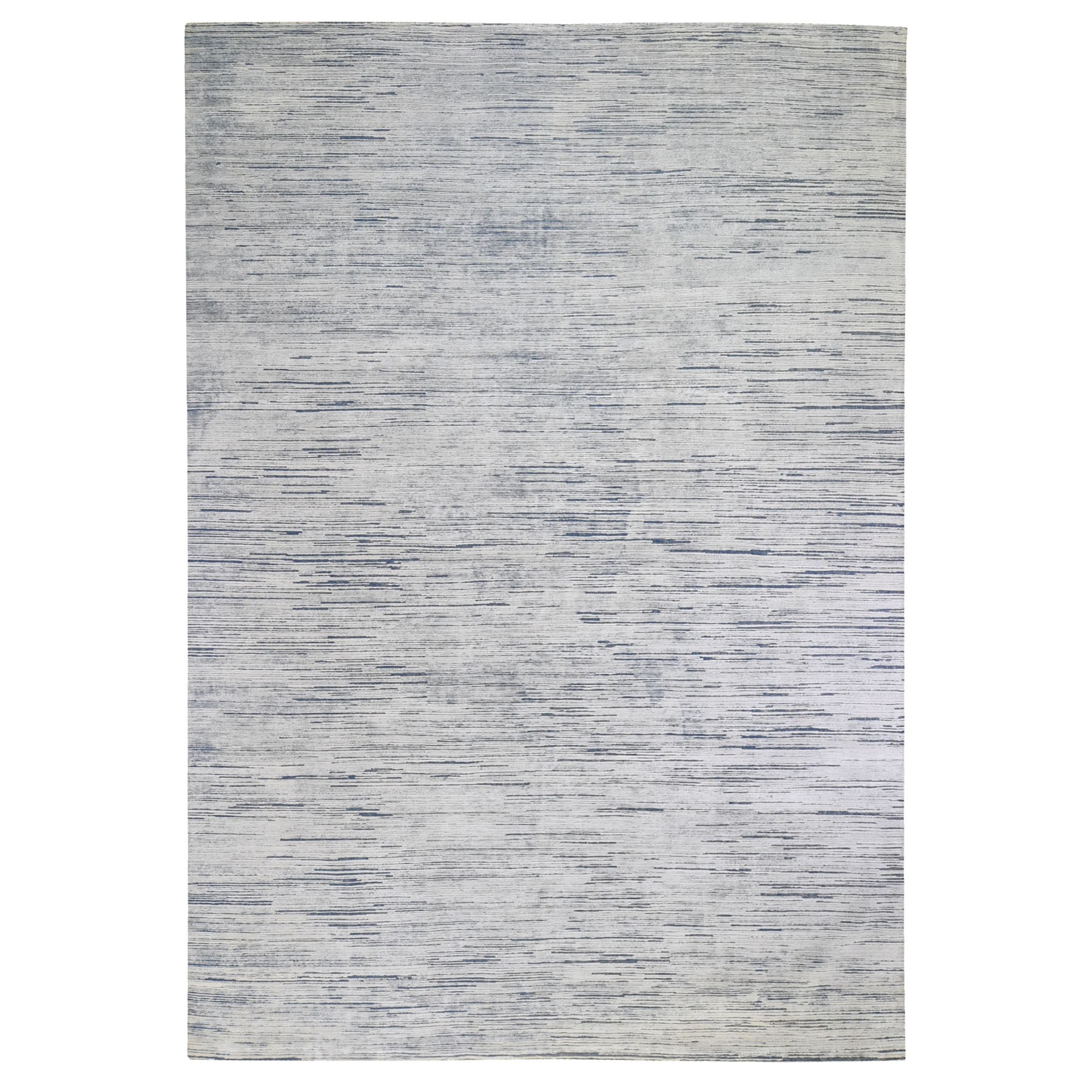 10'x14'1" Blue Stripe Design Silk with Textured Wool Hand Woven Oriental Rug 