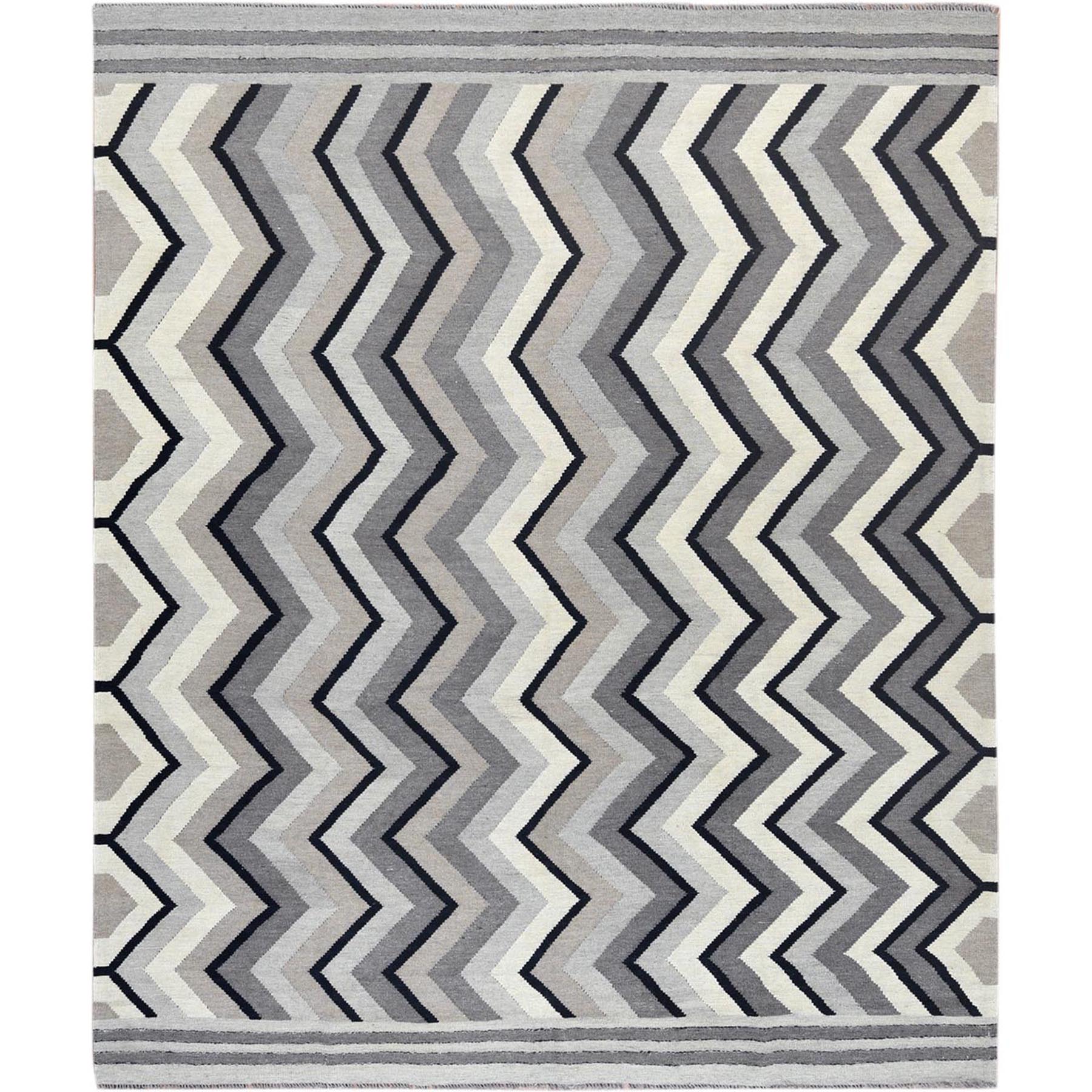 8'3"x9'10" Gray Hand Woven Geometric Zigzag Design Flat Weave Kilim Pure Wool Reversible Oriental Rug 