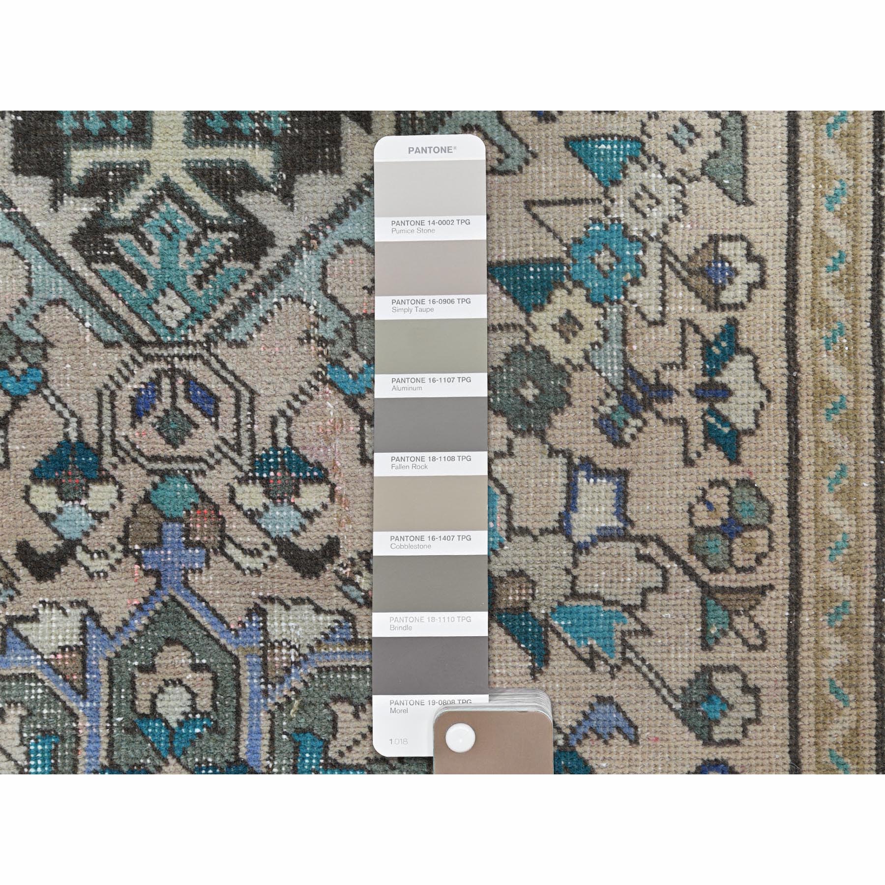 3'x12'4" Vintage Beige with Pop of Blue and Teal Persian Karajeh Sheared Low Clean Hand Woven Natural Wool Runner Oriental Rug 