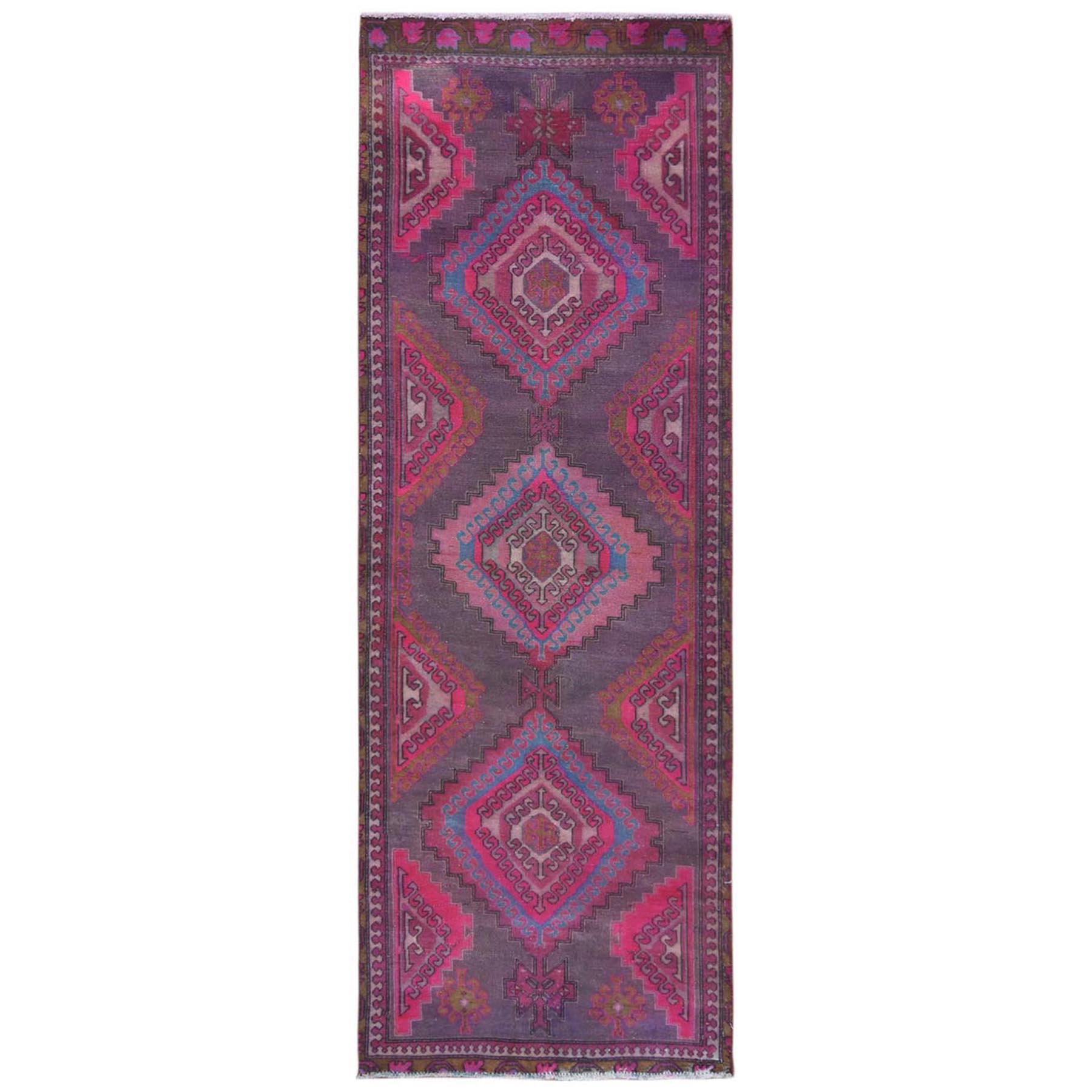 3'2"x9' Gray with Pink Hand Woven Persian Shiraz Organic Wool Clean Old Cropped Thin Pile Oriental Runner Rug 