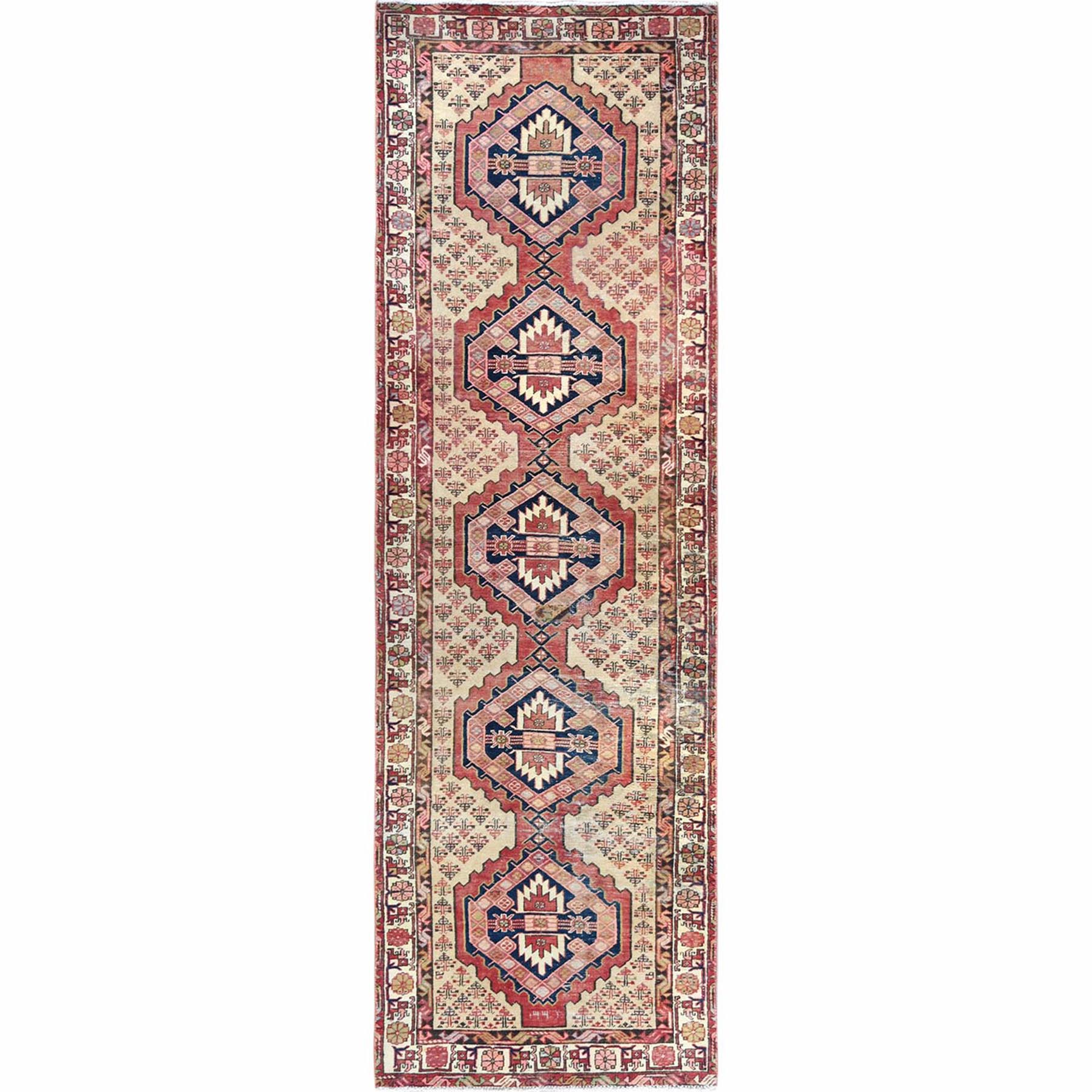 3'3"x10'5" Bohemian Vintage Pure Wool Soft Red with Camel Color Background Persian Heriz Clean Hand Woven Sheared Low Runner Oriental Rug 