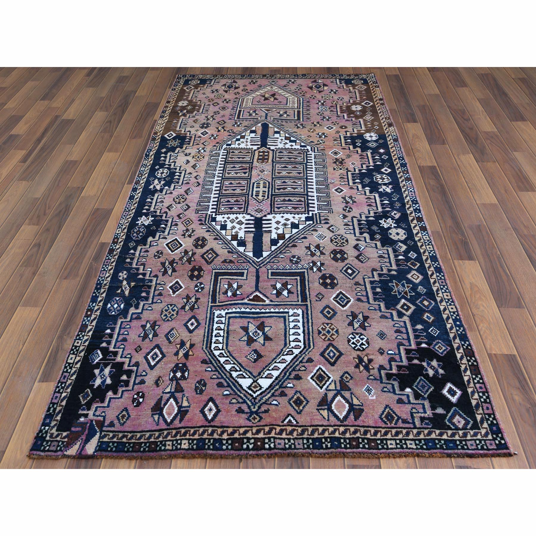 4'3"x8' Vintage Persian Shiraz with Faded Purple Cast, Clean, Hand Woven, Sheared Low, a Good Patch on Left Corner, Pure Wool, Oriental Rug 