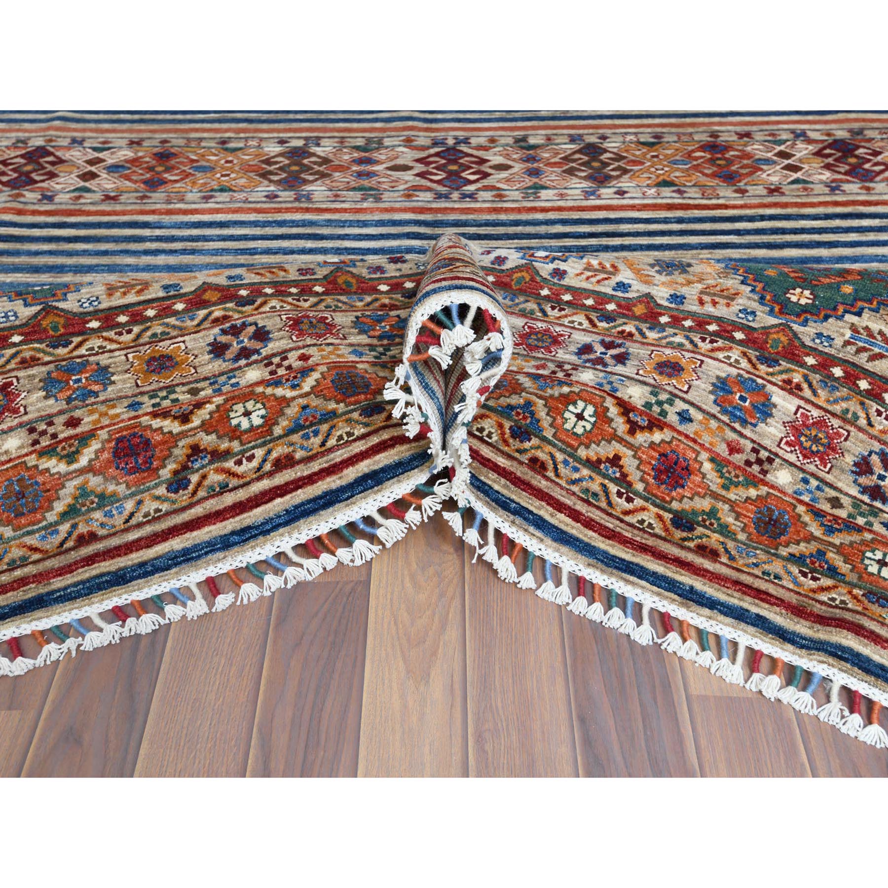 8'5"x10" Hand Woven Taupe Super Kazak with Colorful Tassels Khorjin Design Natural Wool Oriental Rug 