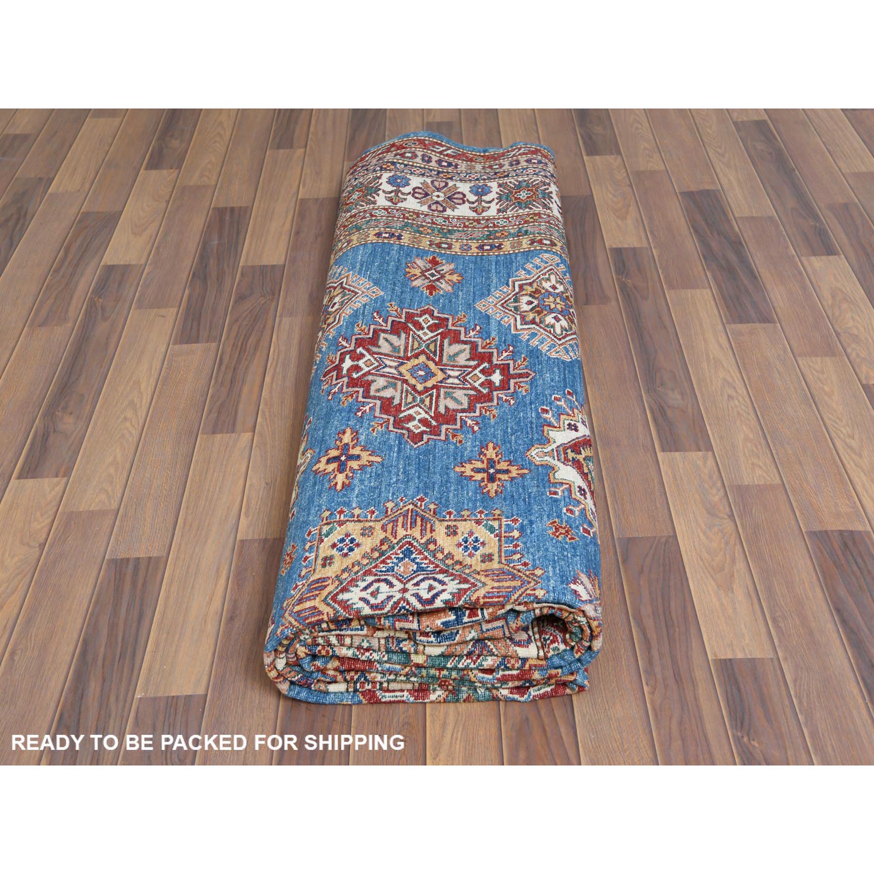 9'2"x12'3" Soft Natural Wool Denim Blue Super Kazak Tribal Design Hand Woven Oriental Rug 