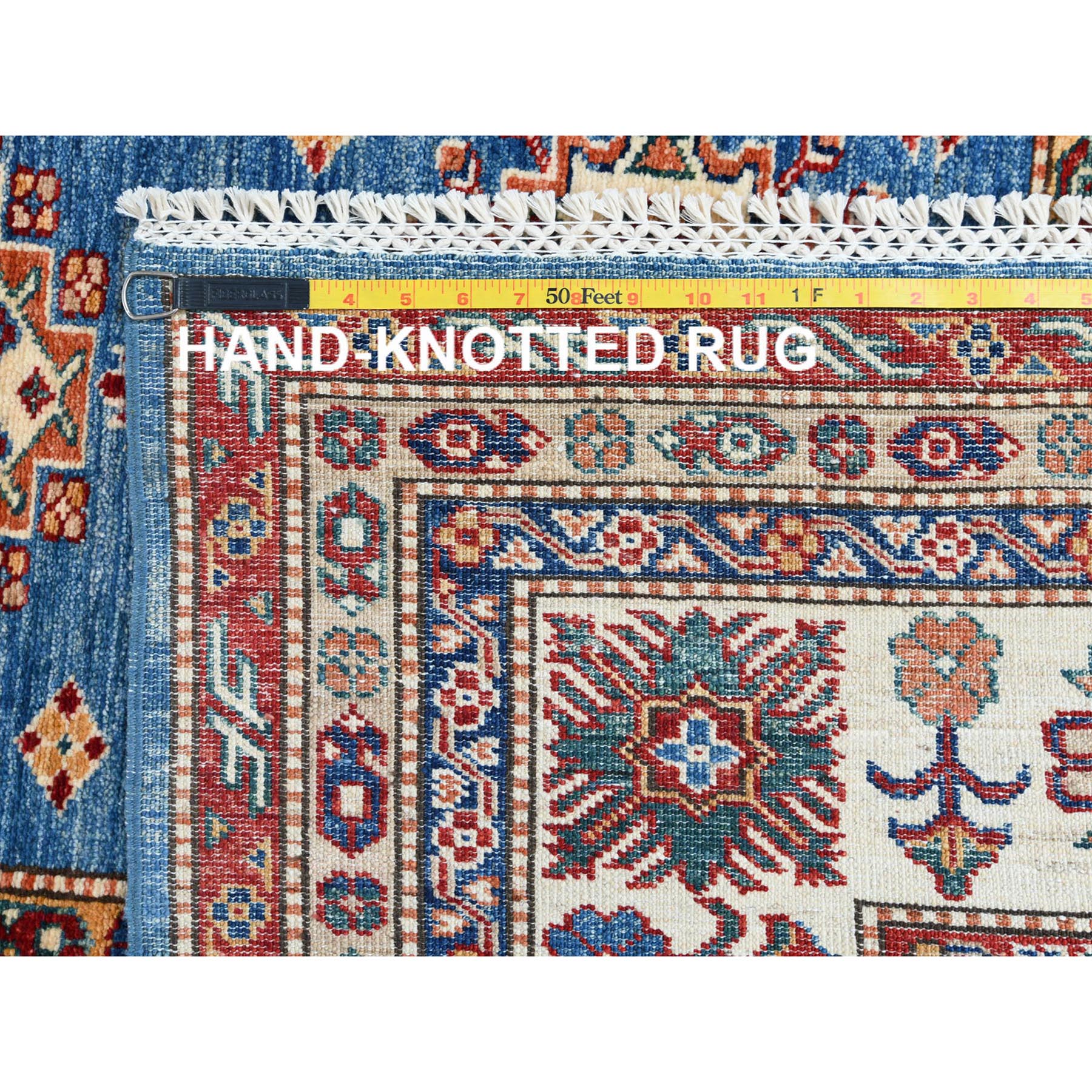 9'2"x12'3" Soft Natural Wool Denim Blue Super Kazak Tribal Design Hand Woven Oriental Rug 