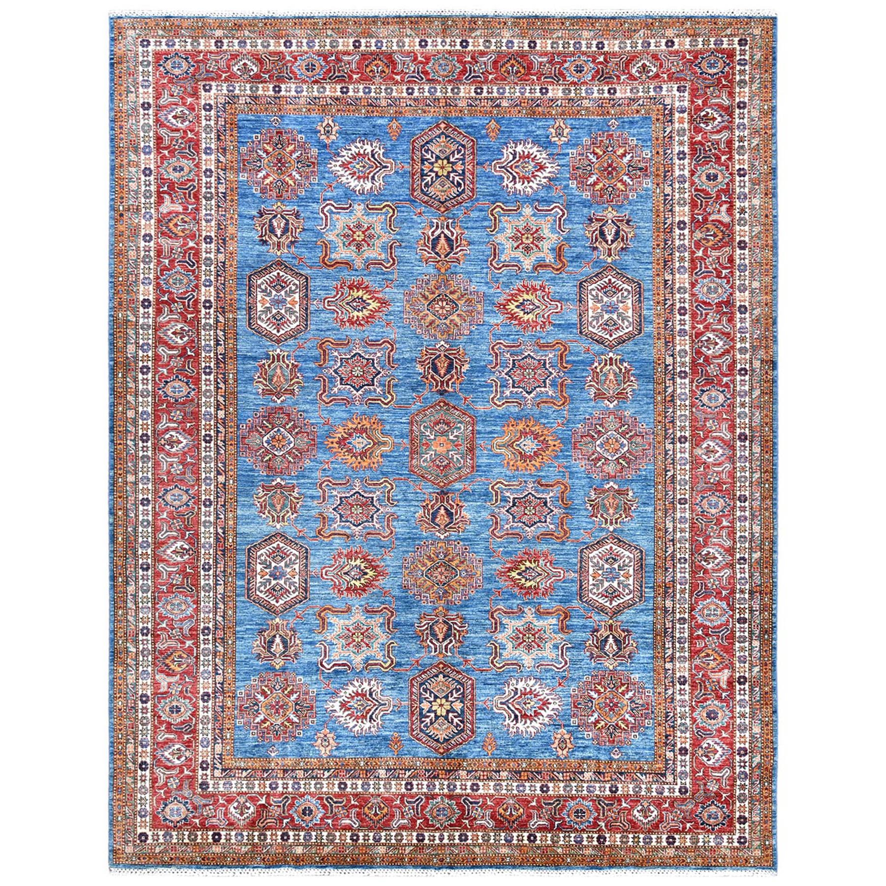 9'2"x11'10" Denim Blue Caucasian Design Super Kazak Soft Organic Wool Hand Woven Oriental Rug 