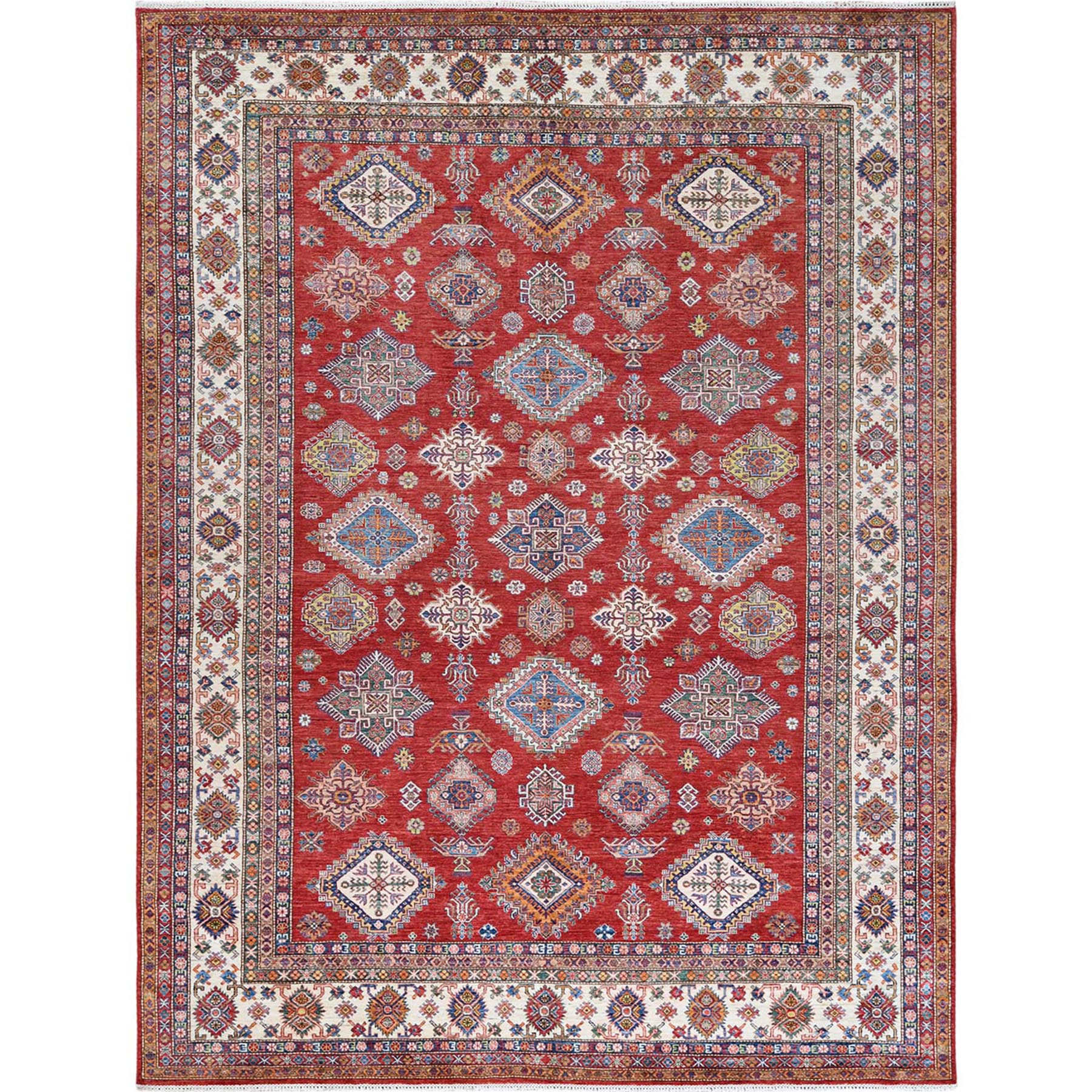 10'1"x13'6" Vibrant Organic Wool Red Super Kazak with Geometric Design Hand Woven Oriental Rug 