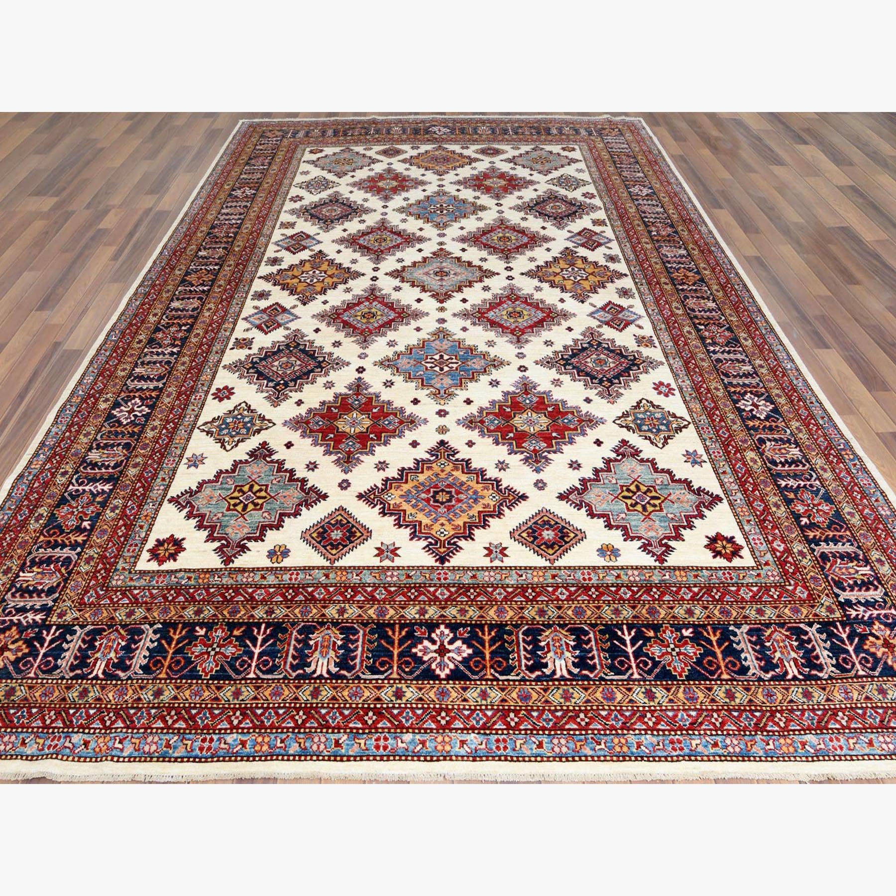 9'2"x12'1" Ivory with Pop of Color Hand Woven Natural Wool Super Kazak with Geometric Medallions Oriental Rug 