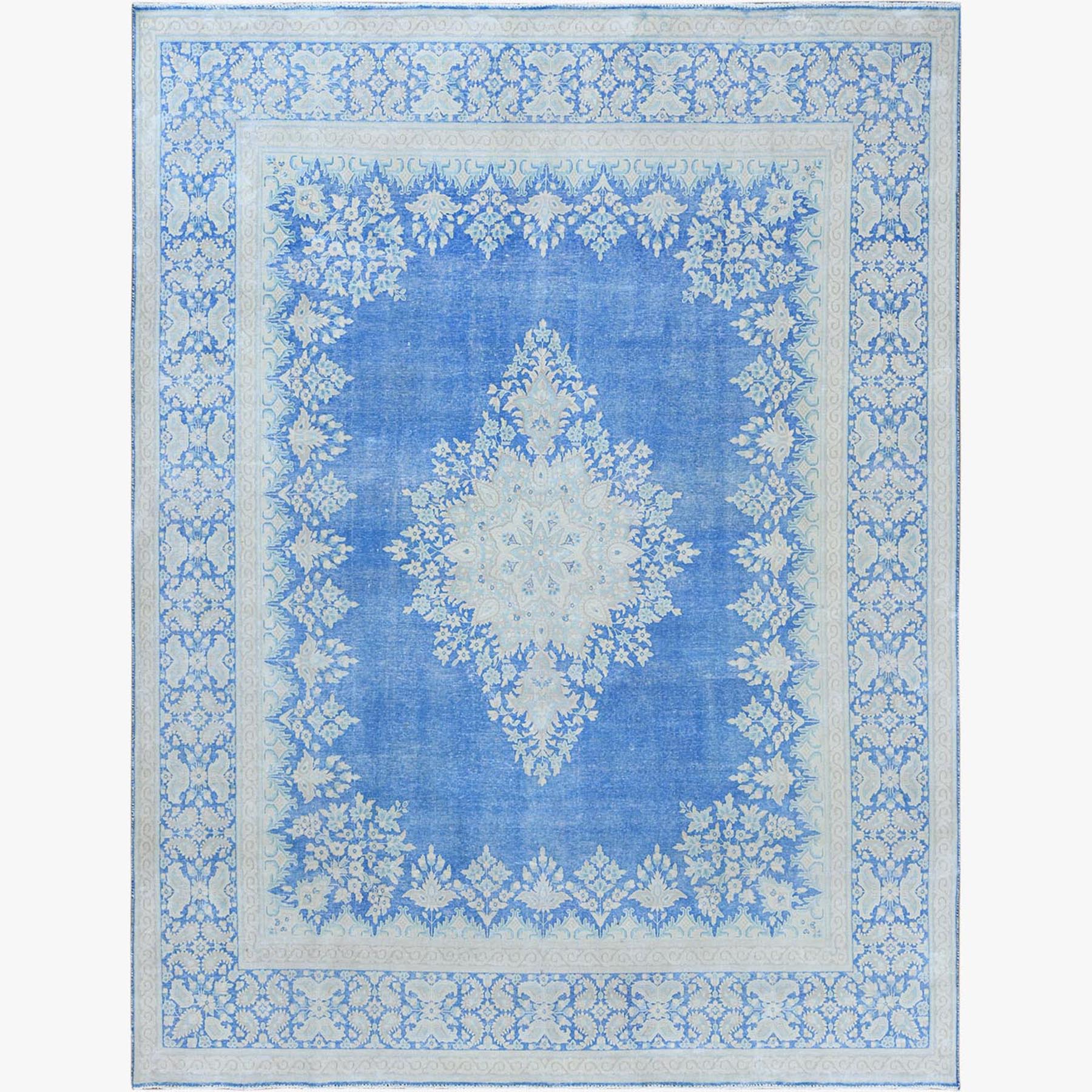 9'7"x12'7" Bohemian Faded Blue with Big Medallion Design Persian Kerman Clean Pure Wool Distressed Vintage Hand Woven Antique Wash Oriental Rug 