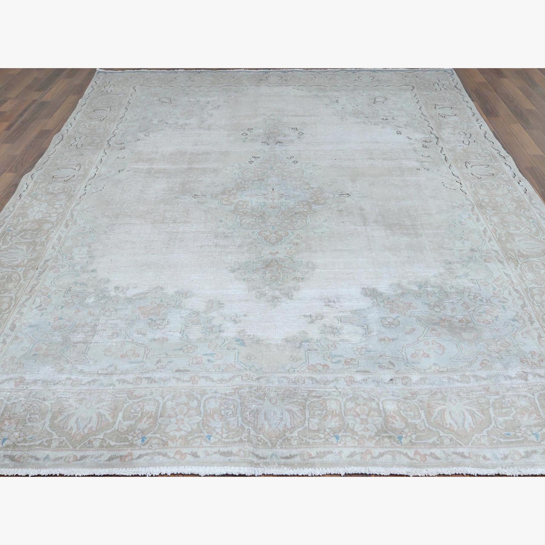 9'x10'5" Hand Woven Persian Kerman Vintage Clean Pure Wool Sheared Low Beige Washed Out Oriental Rug 
