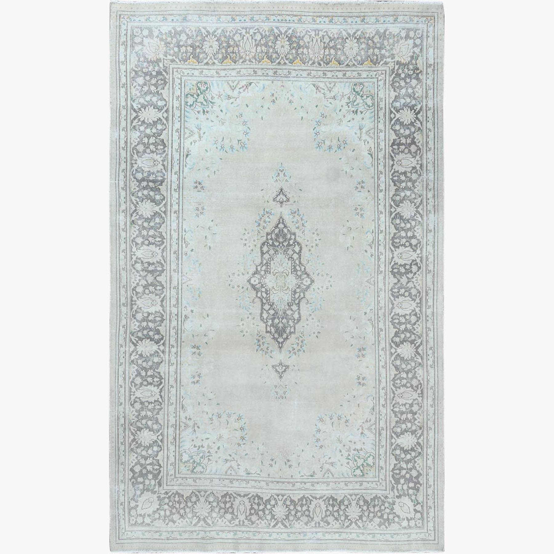 6'9"x10'10" Bohemian Hand Woven Washed Out Gray Organic Wool Worn Down Clean Persian Kerman Old Oriental Rug 