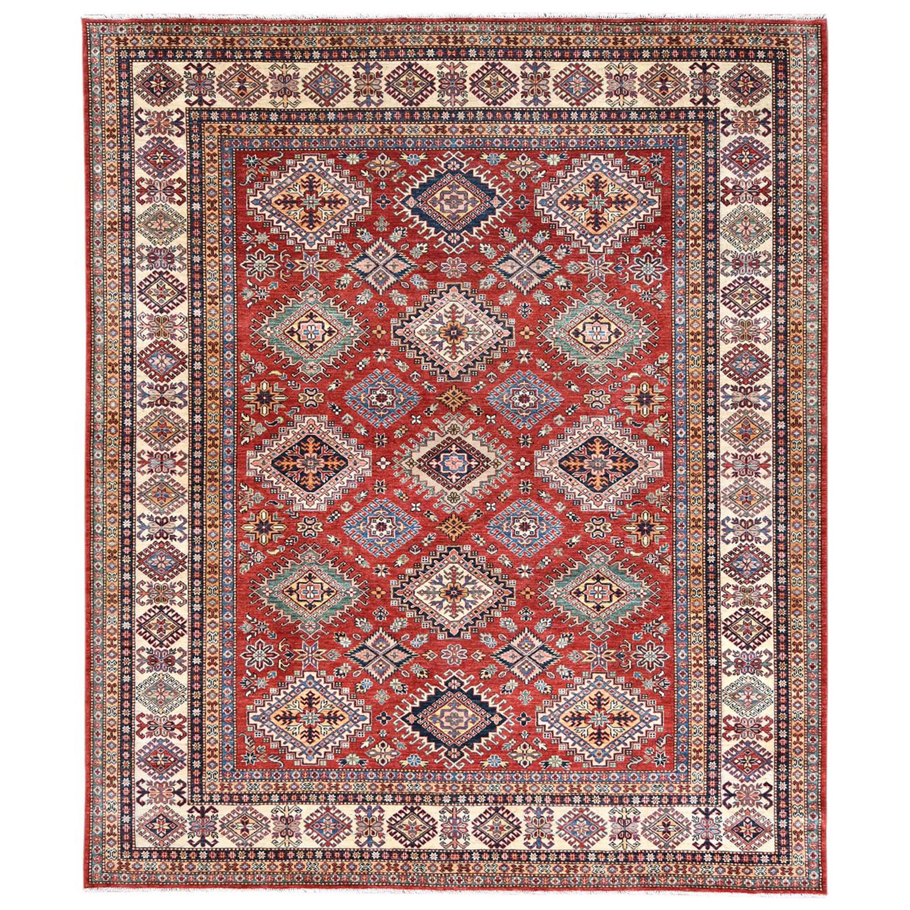 8'2"x9'8" Super Kazak with Geometric Medallions Red Hand Woven Natural Wool Oriental Rug 