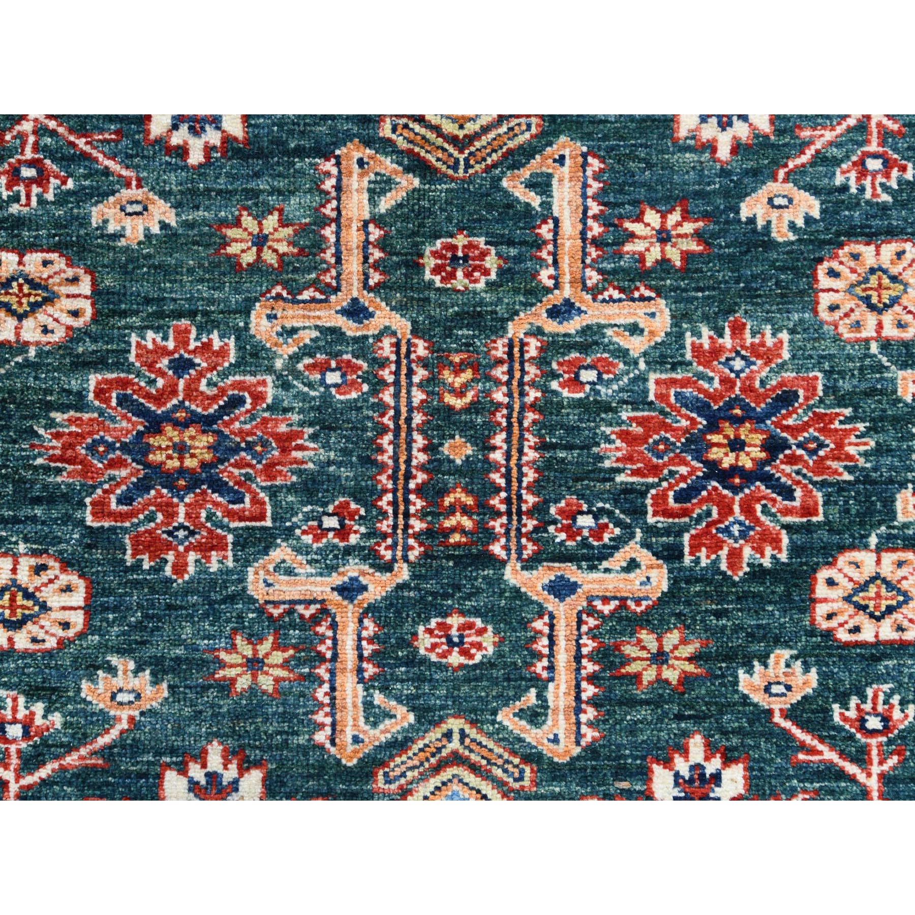 6'x8'5" Extra Soft Wool Hand Woven Dark Green Afghan Super Kazak with All Over Motif Oriental Rug 