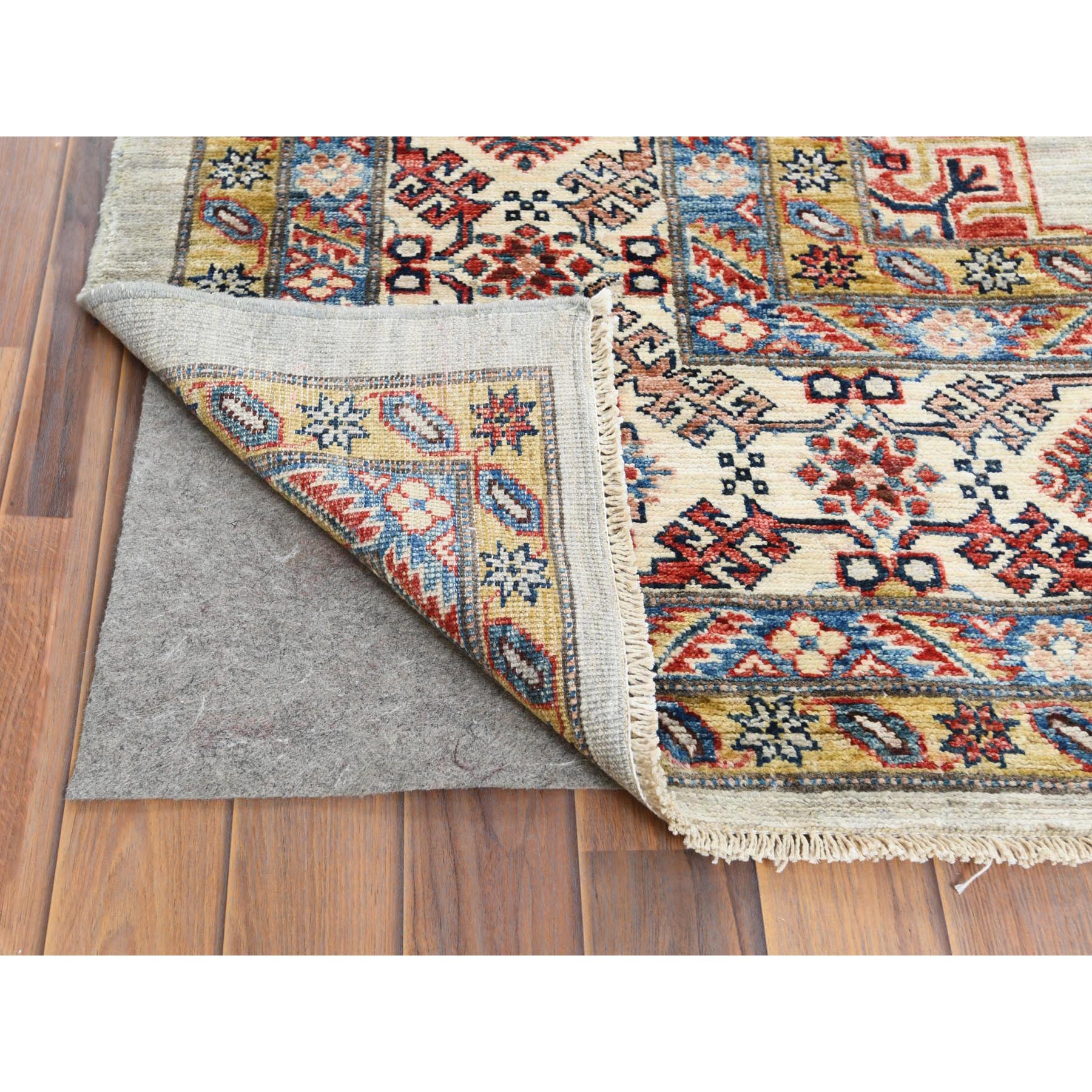9'9"x9'9" Soft, Velvety Plush Wool Hand Woven Gray Afghan Super Kazak with Geometric Design Oriental Square Rug 