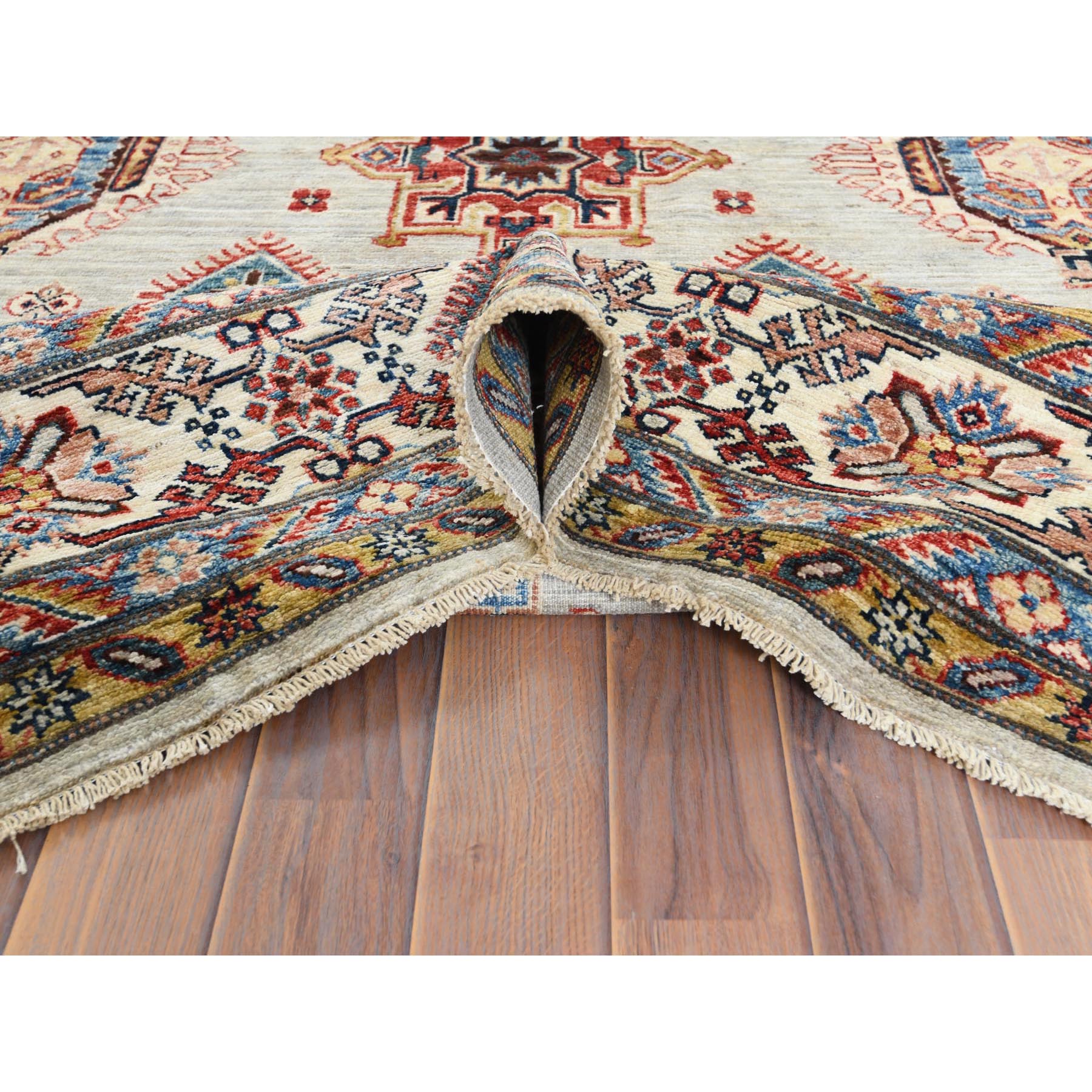 9'9"x9'9" Soft, Velvety Plush Wool Hand Woven Gray Afghan Super Kazak with Geometric Design Oriental Square Rug 