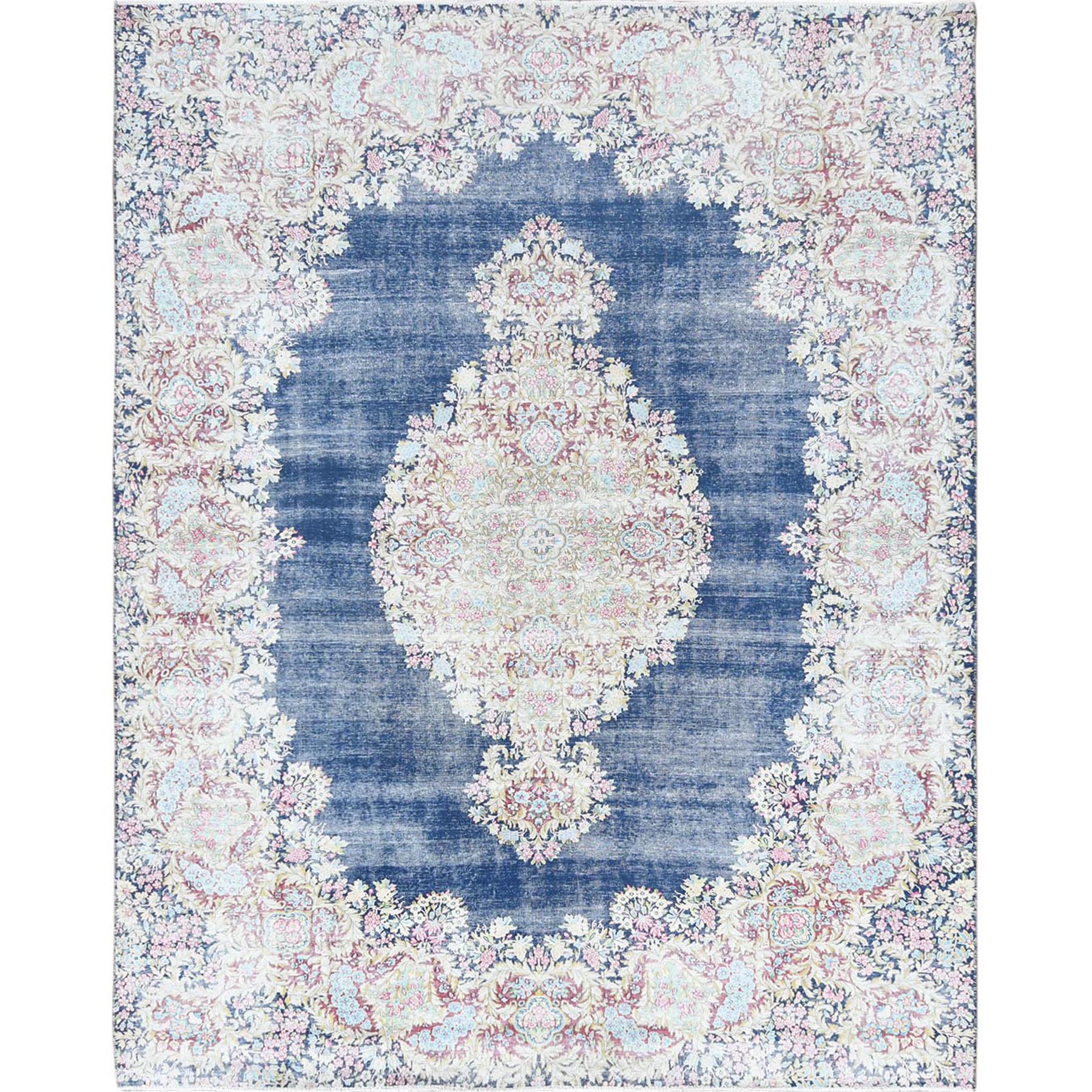 8'6"x11'2" Distressed Look, Worn Wool, Sheared Low, Hand Woven, Denim Blue, Vintage Persian Kerman, Oriental Rug 