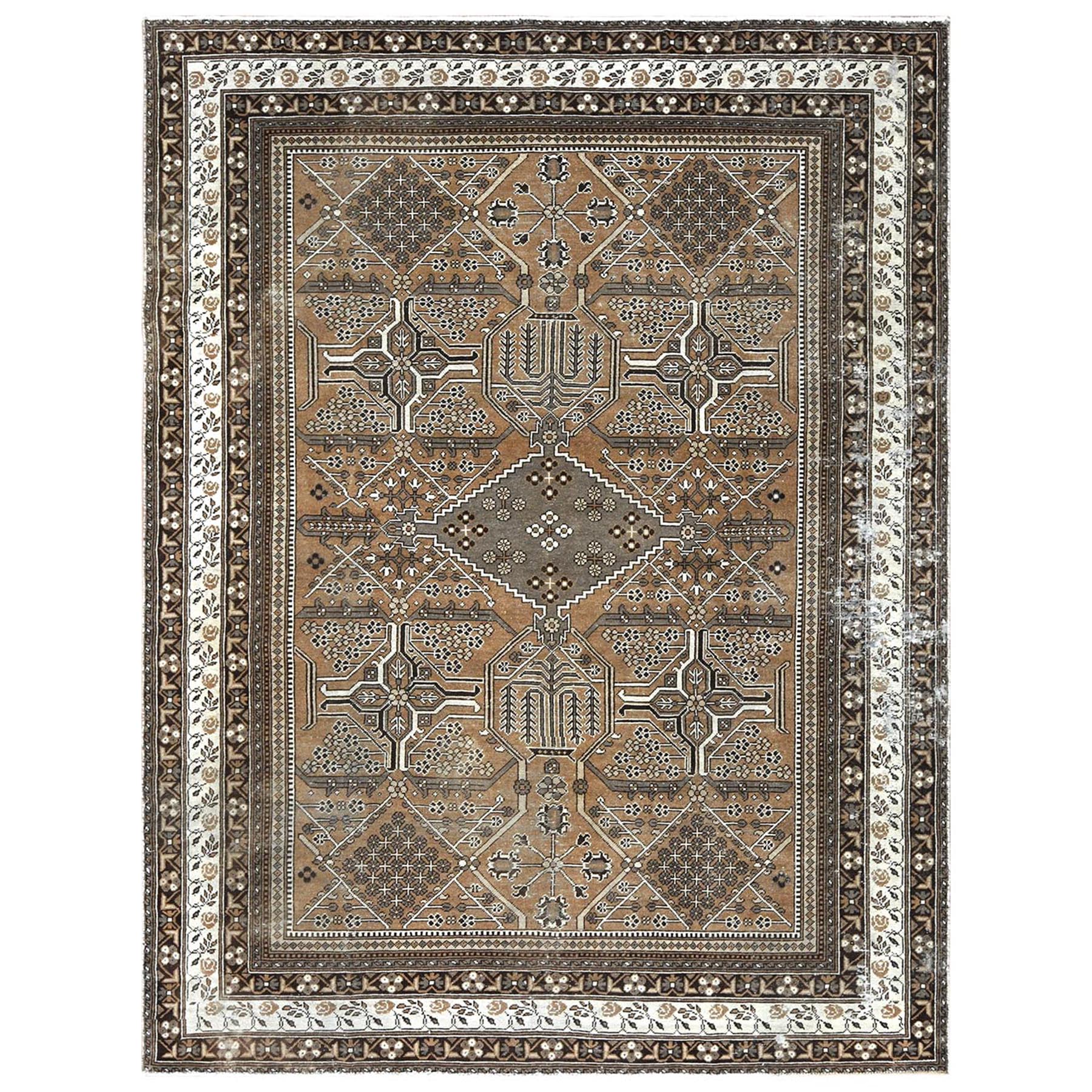 8'4"x11' Mocha Brown, Vintage Persian Bakhtiar with Undyed Natural Wool, Sheared Low, Distressed Look, Worn Down, Clean, Hand Woven, Oriental Rug 