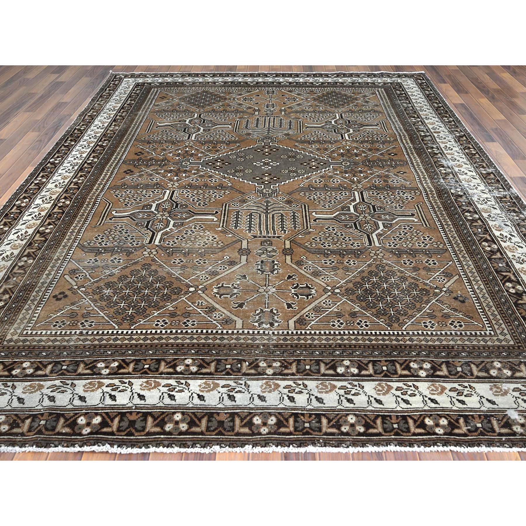 8'4"x11' Mocha Brown, Vintage Persian Bakhtiar with Undyed Natural Wool, Sheared Low, Distressed Look, Worn Down, Clean, Hand Woven, Oriental Rug 