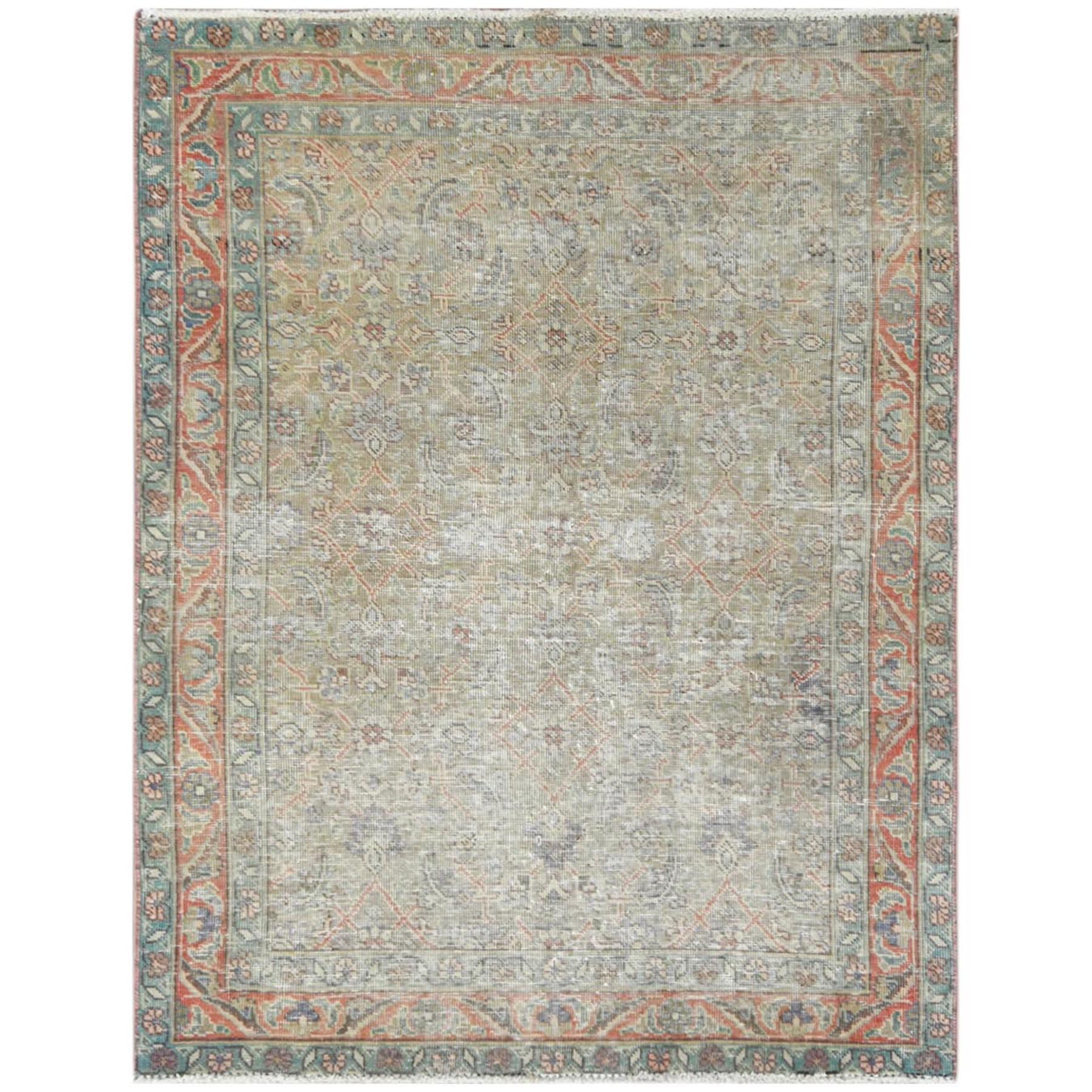 4'5"x5'10" Taupe, Sheared Low, Pure Wool, Hand Woven, Vintage Persian Tabriz with All Over Geometric Design, Worn Down, Oriental Rug 