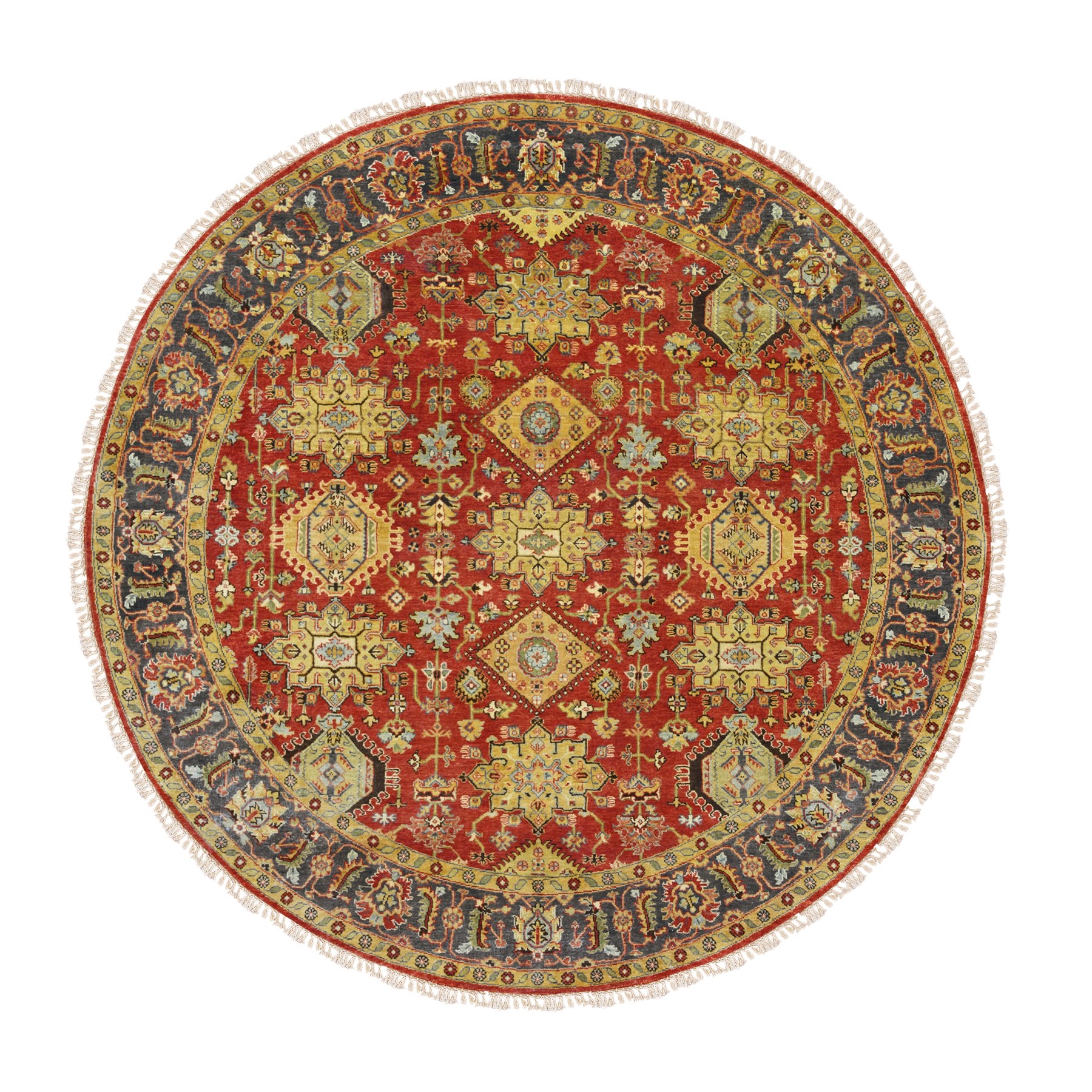 7'10"x7'10" Round Red Karajeh Design Pure Wool Hand Woven Oriental Rug 