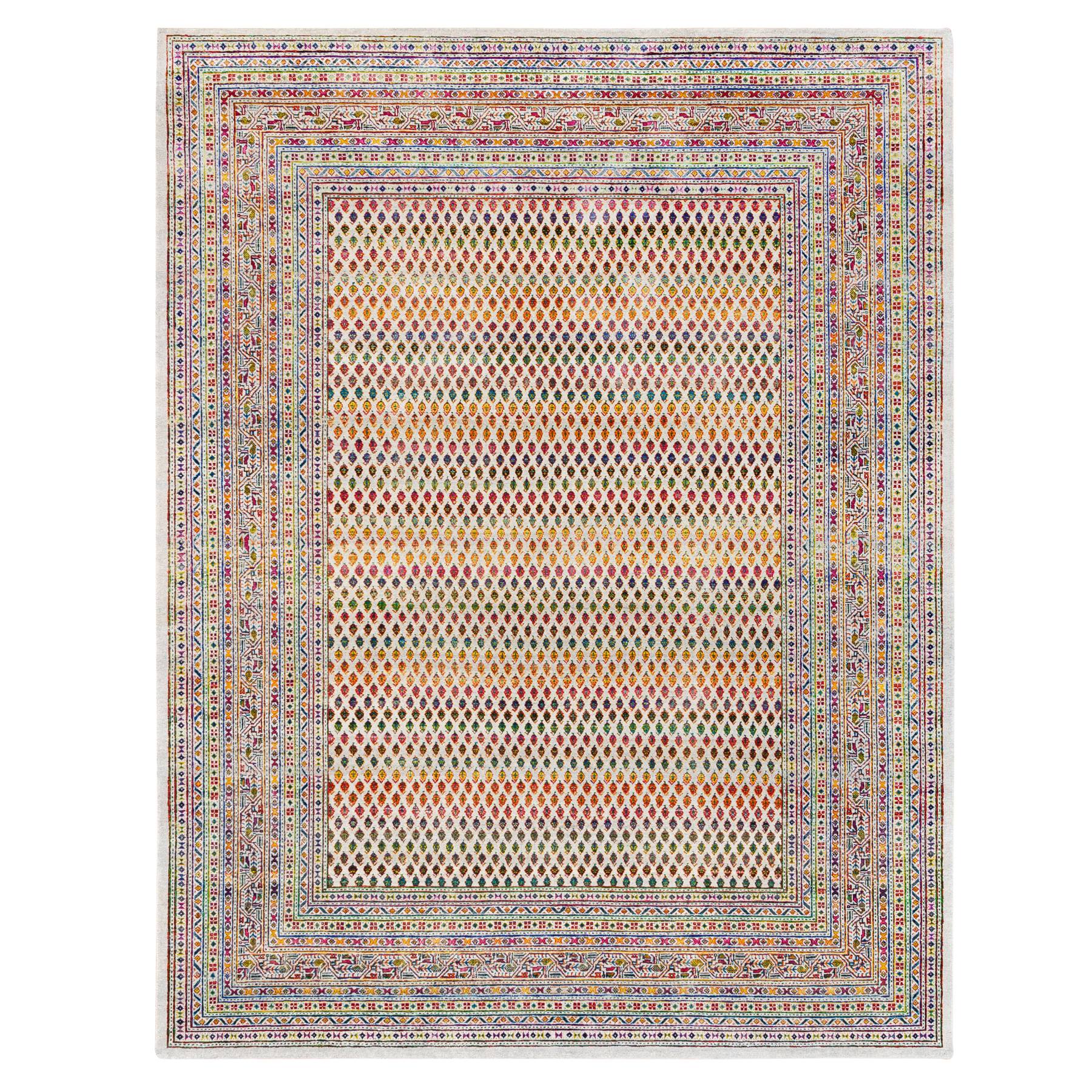 7'9"x10' Colorful Wool And Sari Silk Sarouk Mir Inspired With Repetitive Boteh Design Hand Woven Oriental Rug 