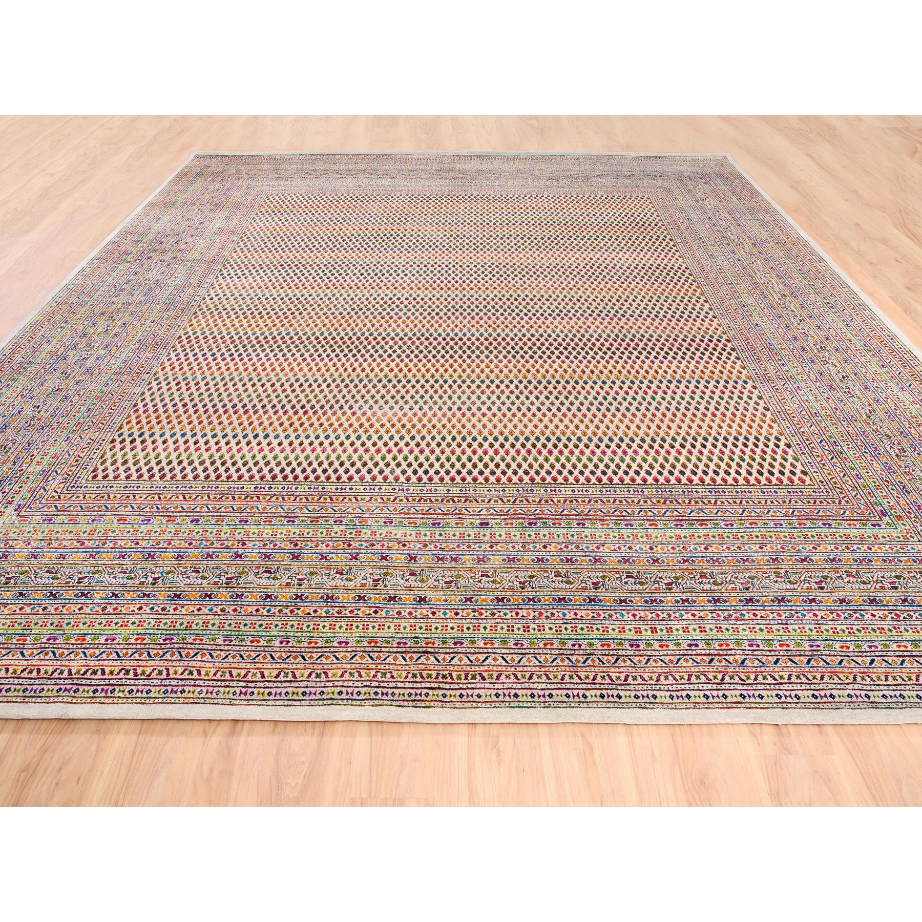 14'x14' Colorful Wool And Sari Silk Sarouk Mir Inspired With Multiple Borders Hand Woven Oriental Square Rug 