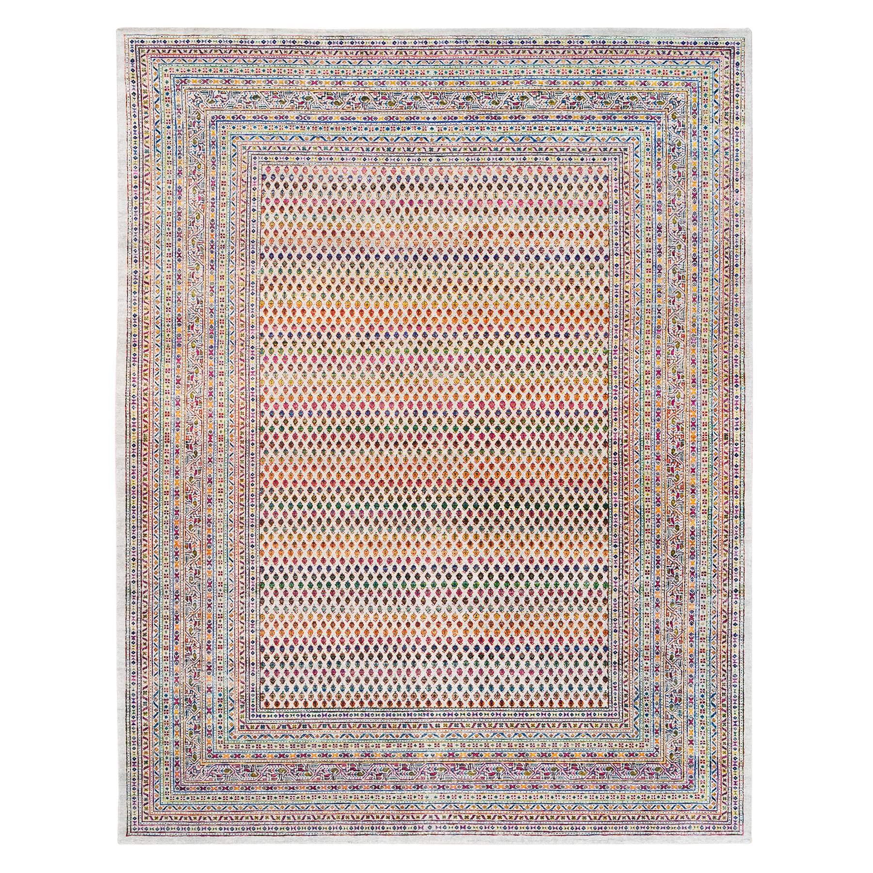 8'10"x12' Wool And Sari Silk Colorful Sarouk Mir Inspired with Repetitive Boteh Design Hand Woven Oriental Rug 