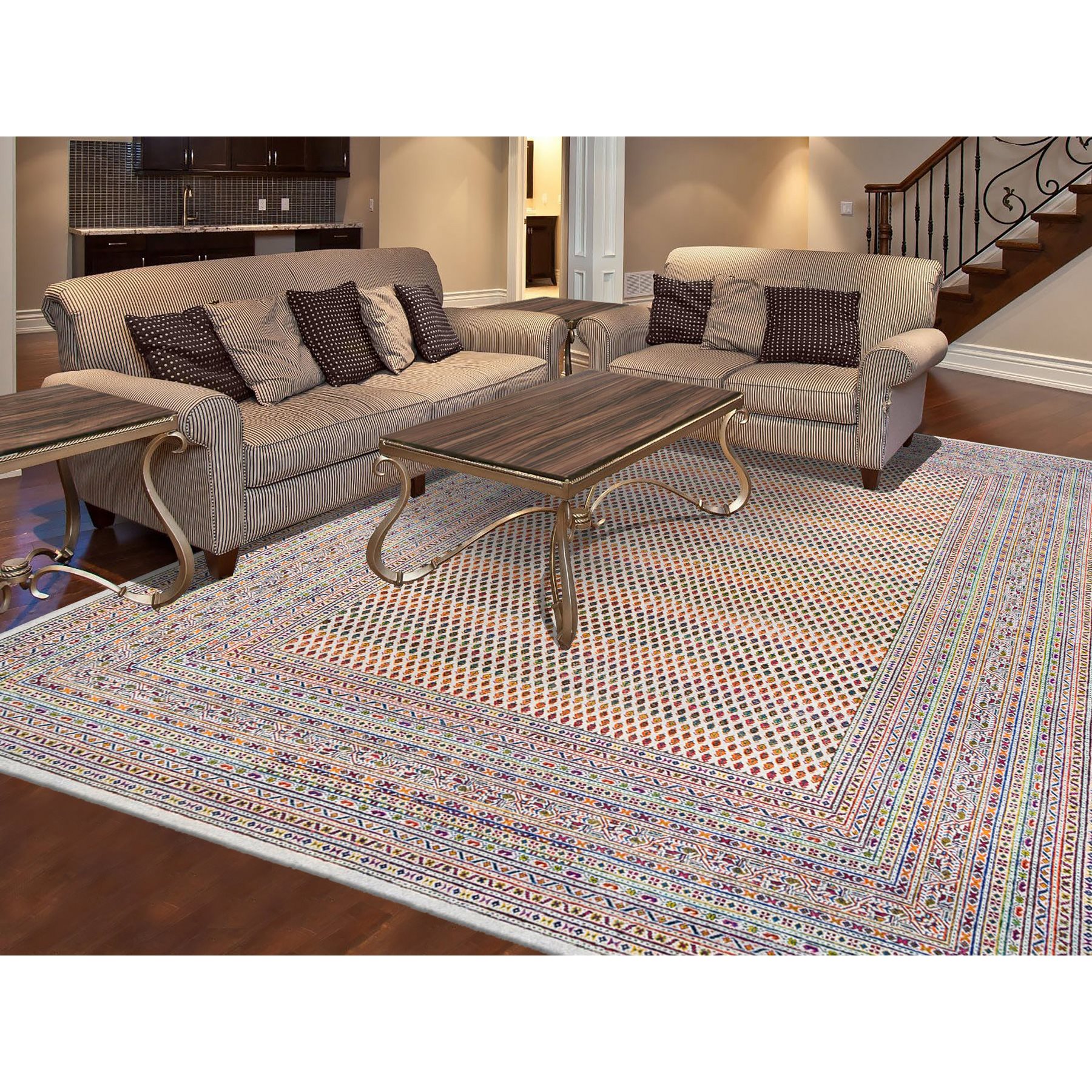 9'10"x14' Colorful Wool And Sari Silk Sarouk Mir Inspired With Repetitive Boteh Design Hand Woven Oriental Rug 