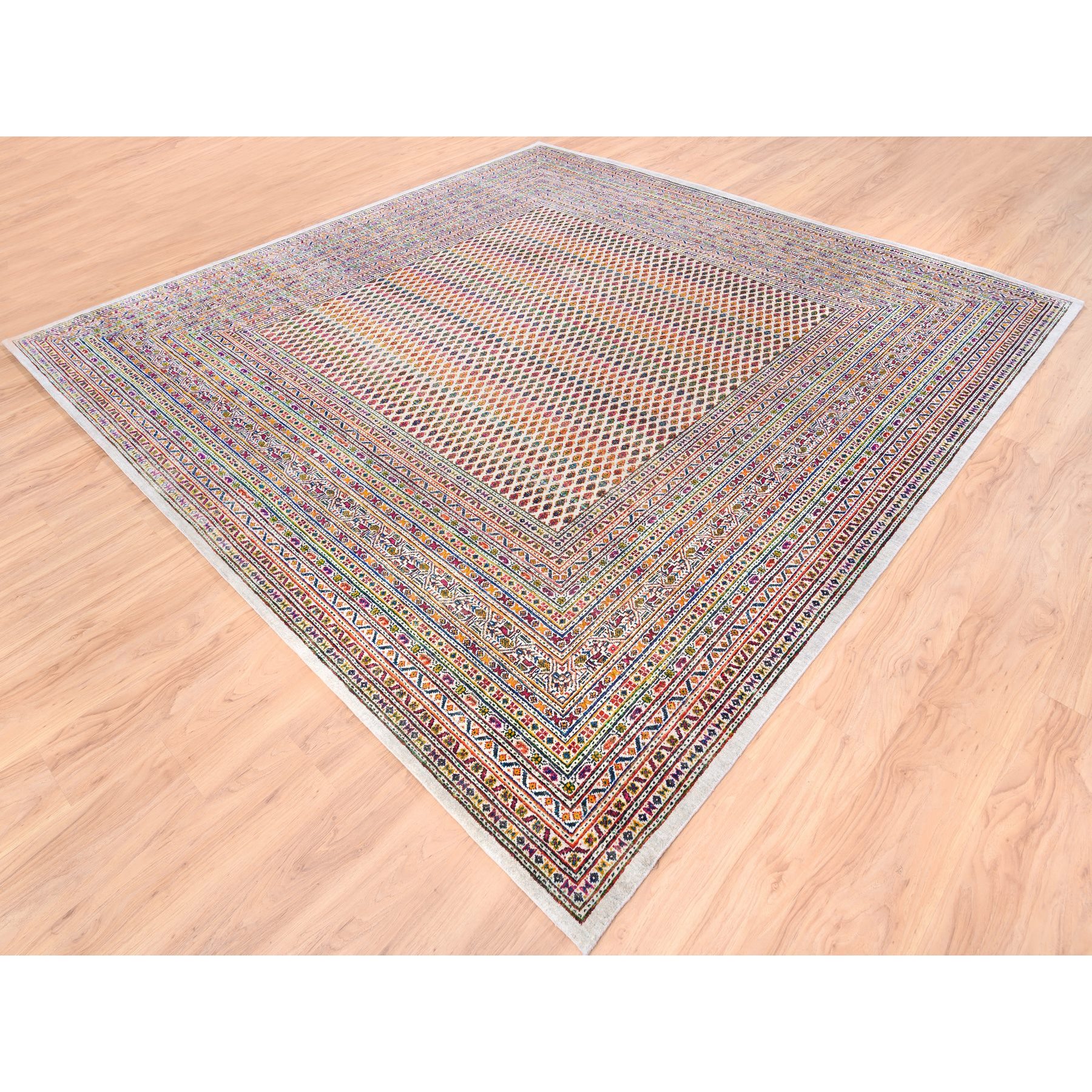 10'1"x10'1" Colorful Wool And Sari Silk Sarouk Mir Inspired With Multiple Borders Hand Woven Oriental Square Rug 