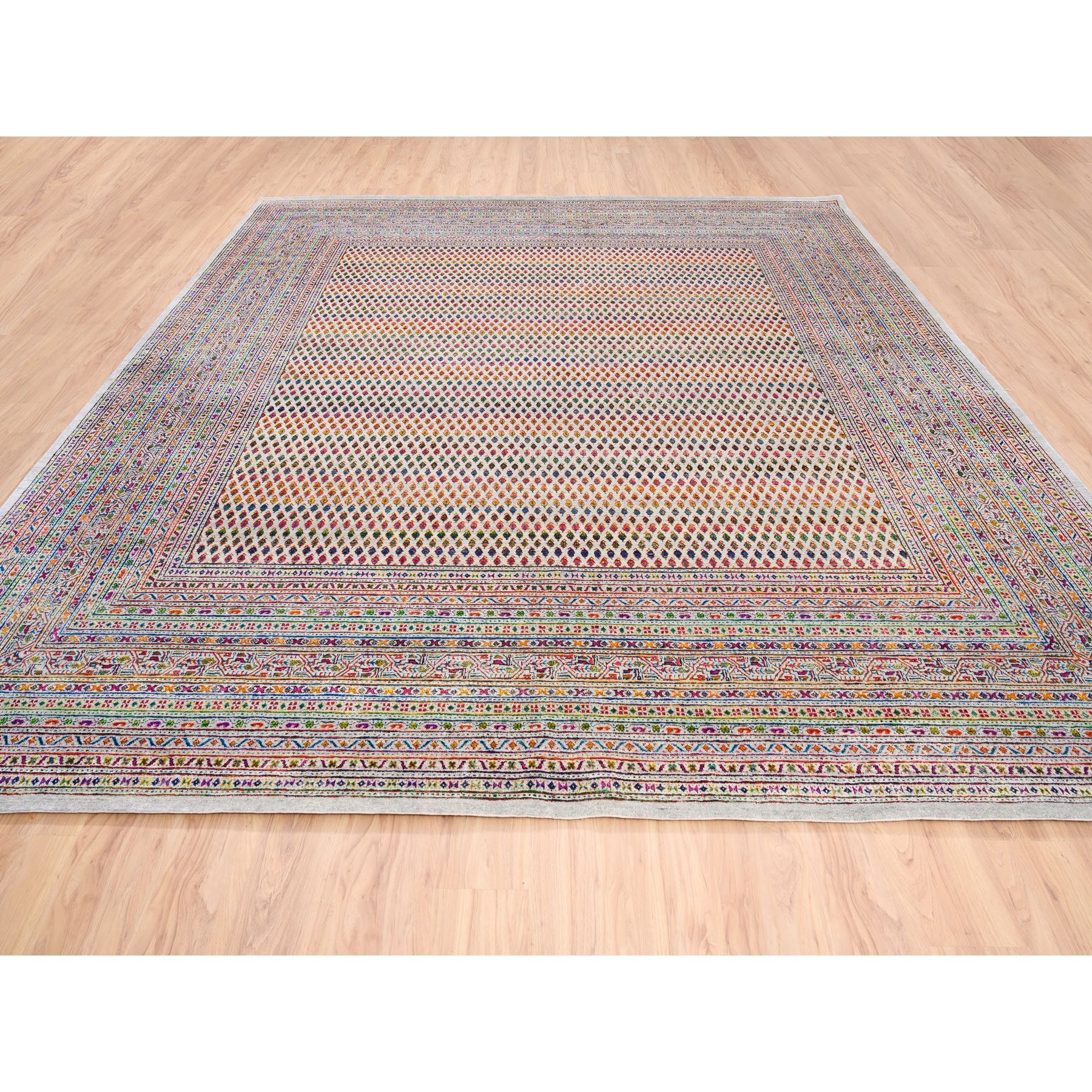 12'x12' Colorful Wool And Sari Silk Sarouk Mir Inspired With Repetitive Boteh Design Hand Woven Oriental Square Rug 