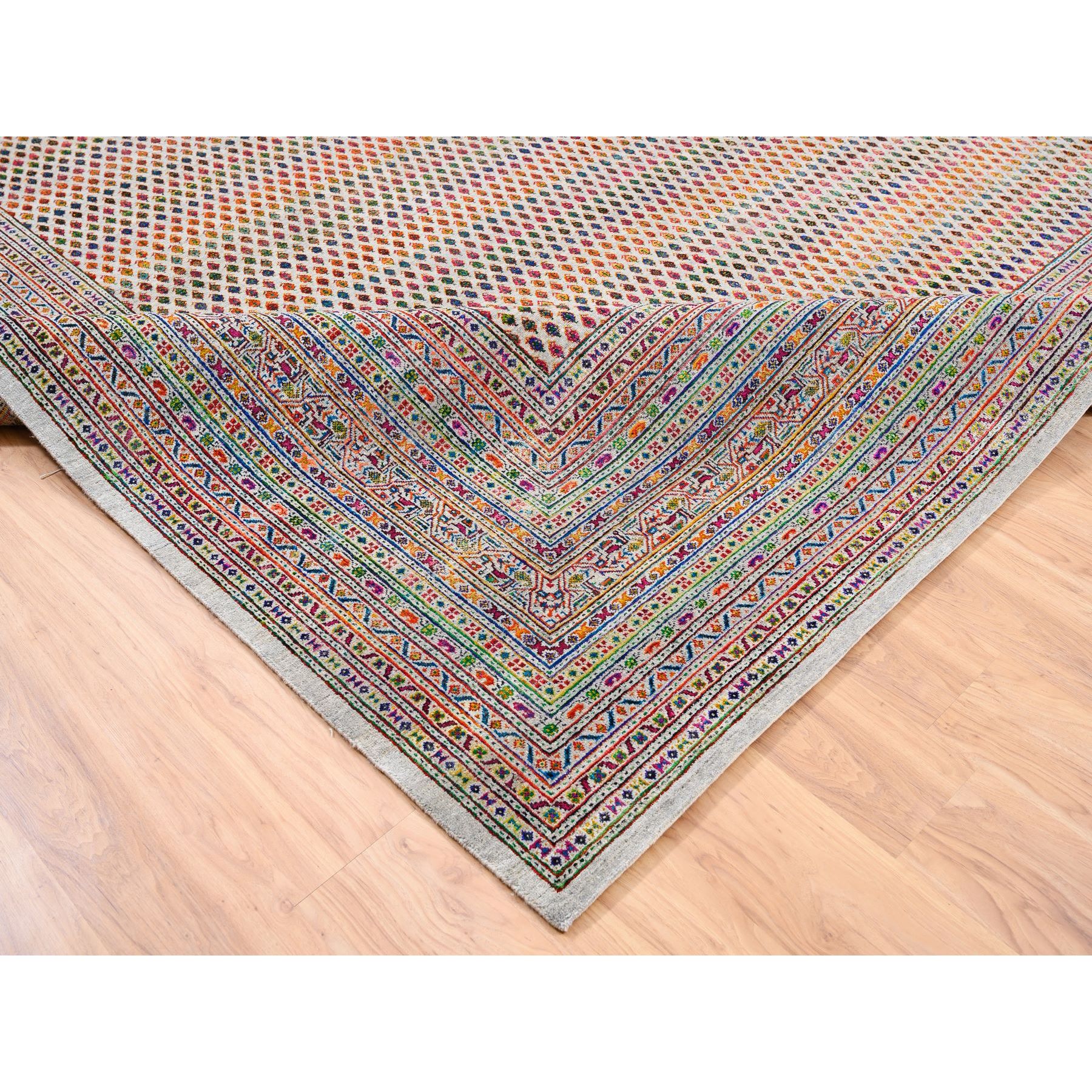12'x12' Colorful Wool And Sari Silk Sarouk Mir Inspired With Repetitive Boteh Design Hand Woven Oriental Square Rug 