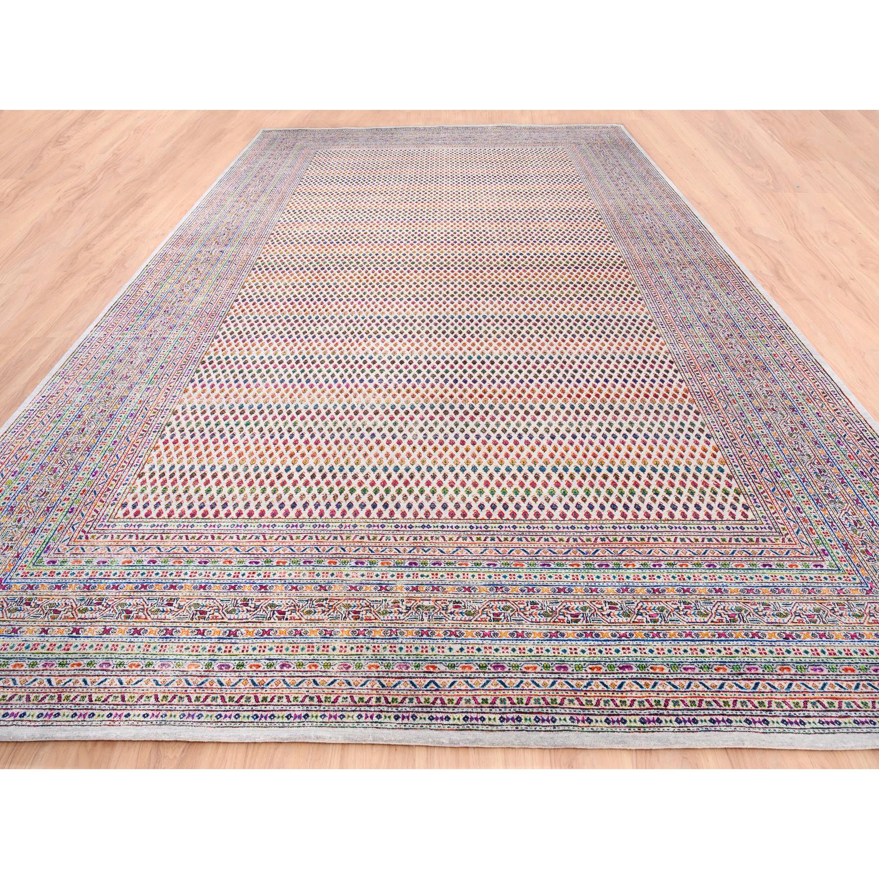 11'7"x18' Oversize Colorful Wool And Sari Silk Sarouk Mir Inspired With Small Repetitive Pattern Hand Woven Oriental Rug 