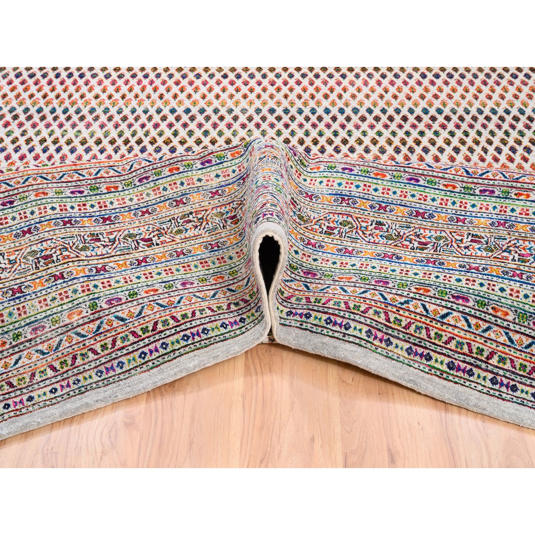 11'7"x18' Oversize Colorful Wool And Sari Silk Sarouk Mir Inspired With Small Repetitive Pattern Hand Woven Oriental Rug 