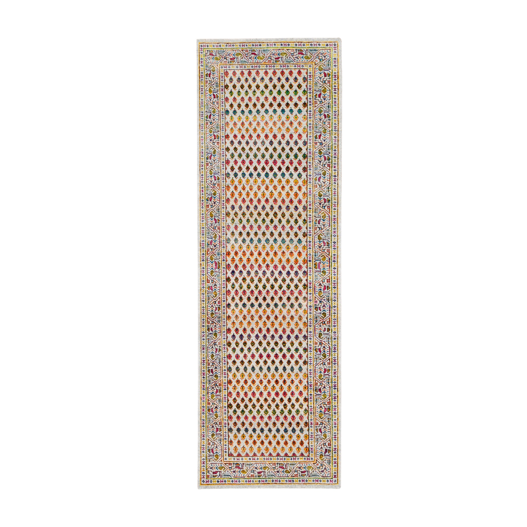 2'6"x8'1" Colorful Wool And Sari Silk Sarouk Mir Inspired With Small Boteh Design Hand Woven Oriental Runner Rug 