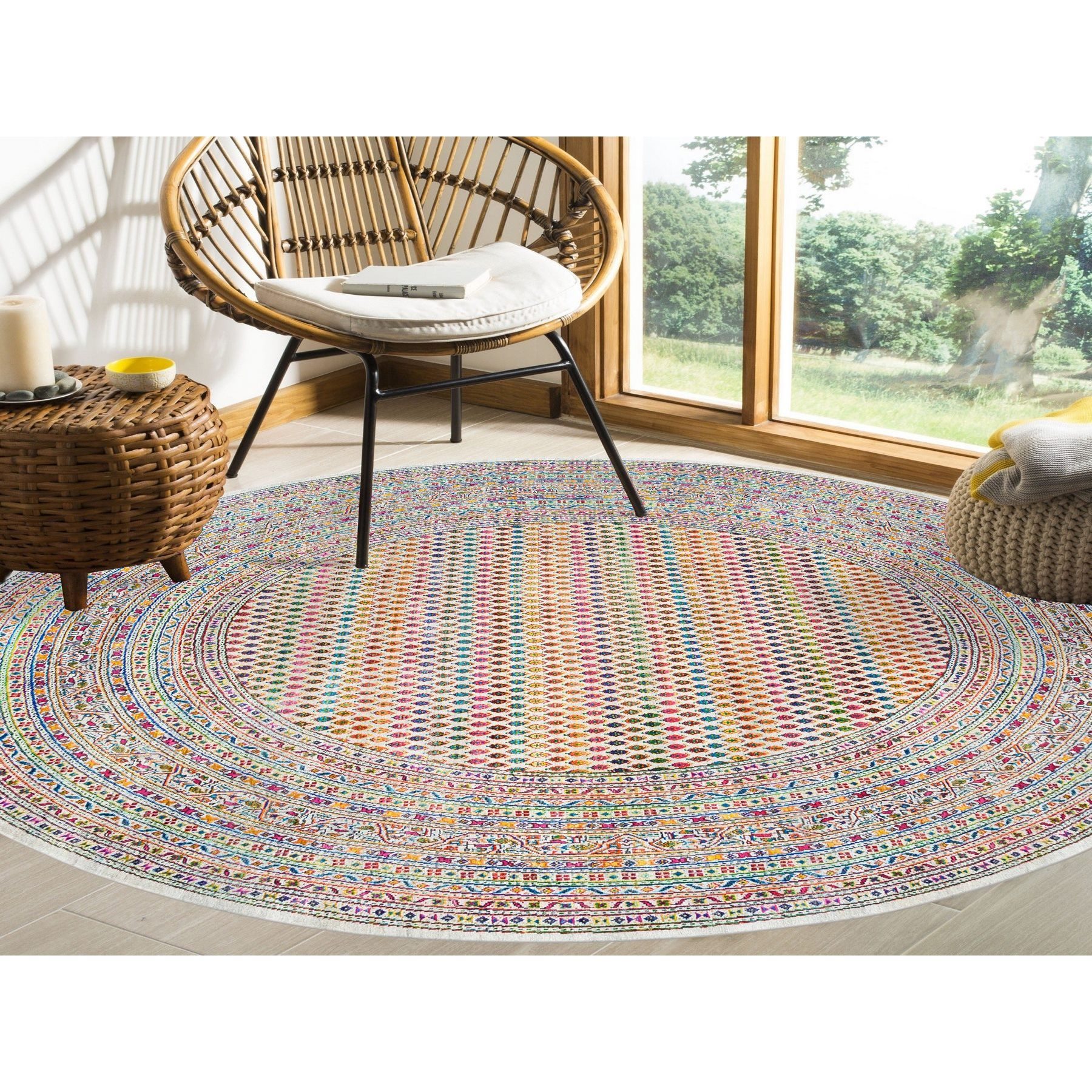 8'10"x8'10" Colorful Wool And Sari Silk Sarouk Mir Inspired With Repetitive Boteh Design Hand Woven Oriental Round Rug 