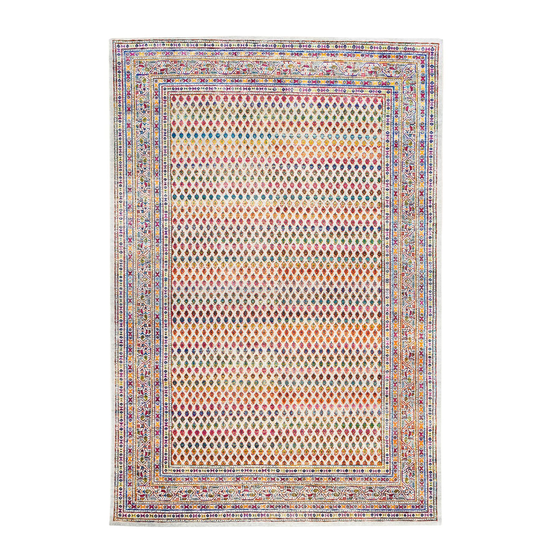 6'2"x9' Colorful Wool And Sari Silk Sarouk Mir Inspired With Small Boteh Design Hand Woven Oriental Rug 