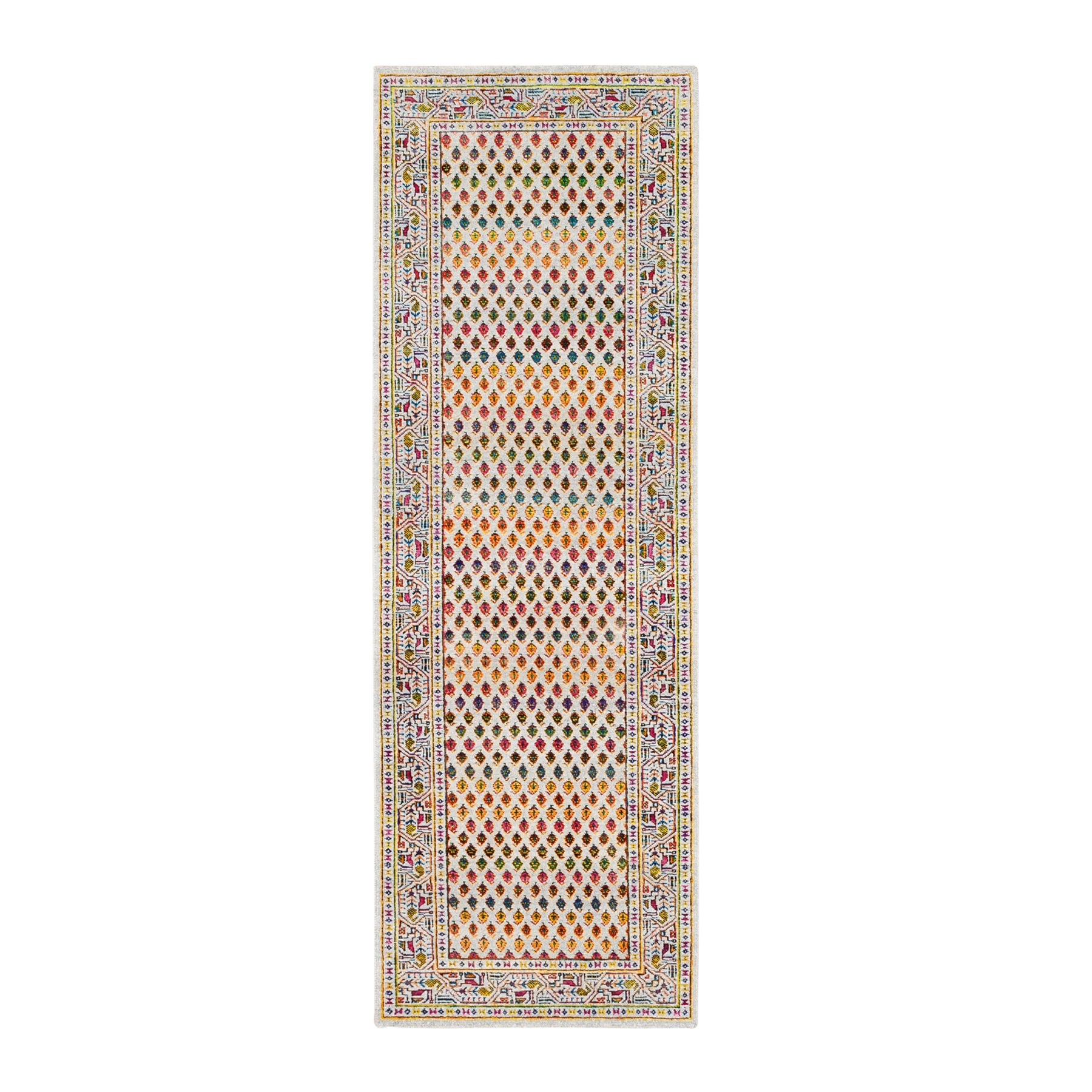 2'6"x8' Colorful Wool And Sari Silk Sarouk Mir Inspired With Small Boteh Design Hand Woven Oriental Runner Rug 