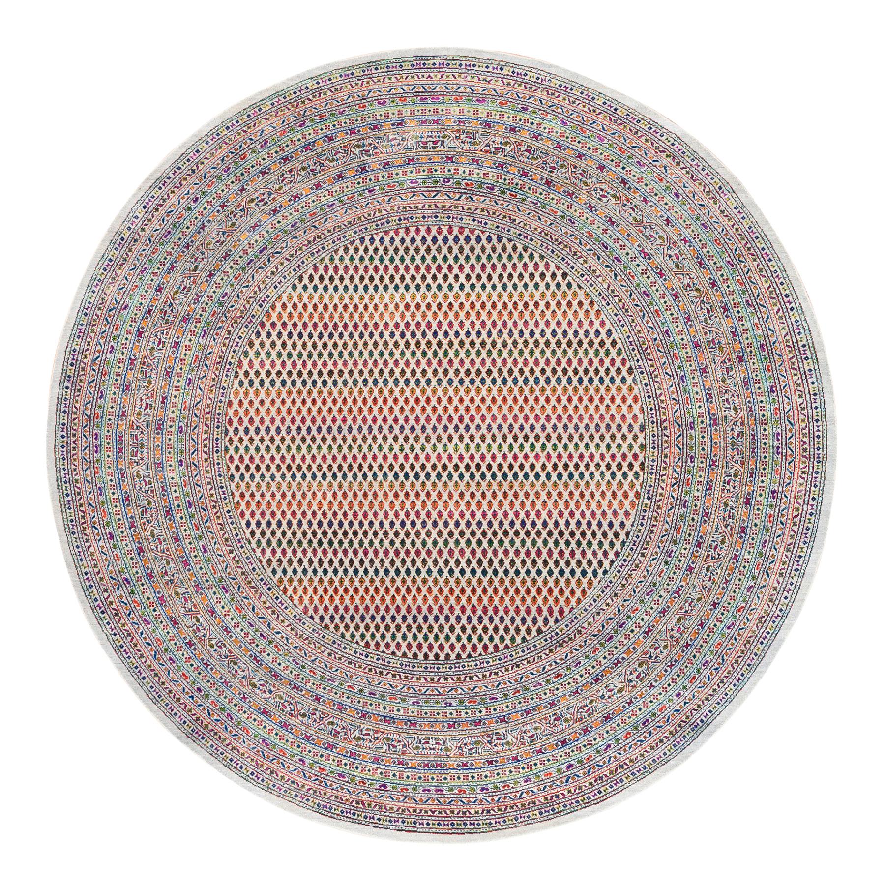 10'x10' Round Colorful Wool And Sari Silk Sarouk Mir Inspired With Small Boteh Design Hand Woven Oriental Rug 