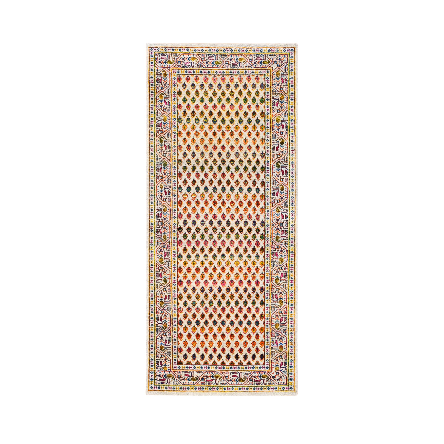 2'6"x6' Colorful Wool And Sari Silk Sarouk Mir Inspired With Small Boteh Design Hand Woven Oriental Runner Rug 