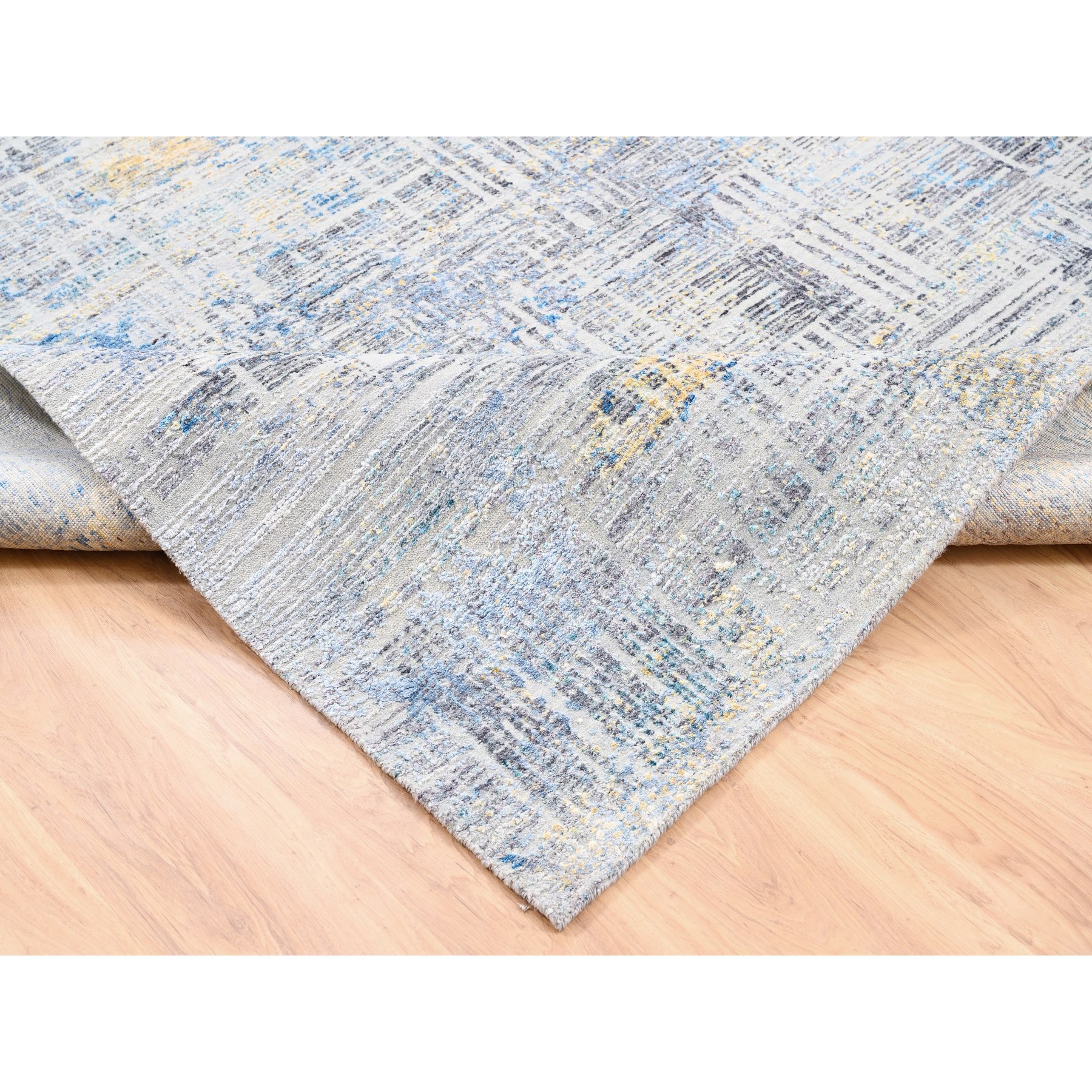 8'1"x10' Dark Gray with Touches of Blue and Yellow Modern Wool And Silk Hand Woven Oriental Rug 