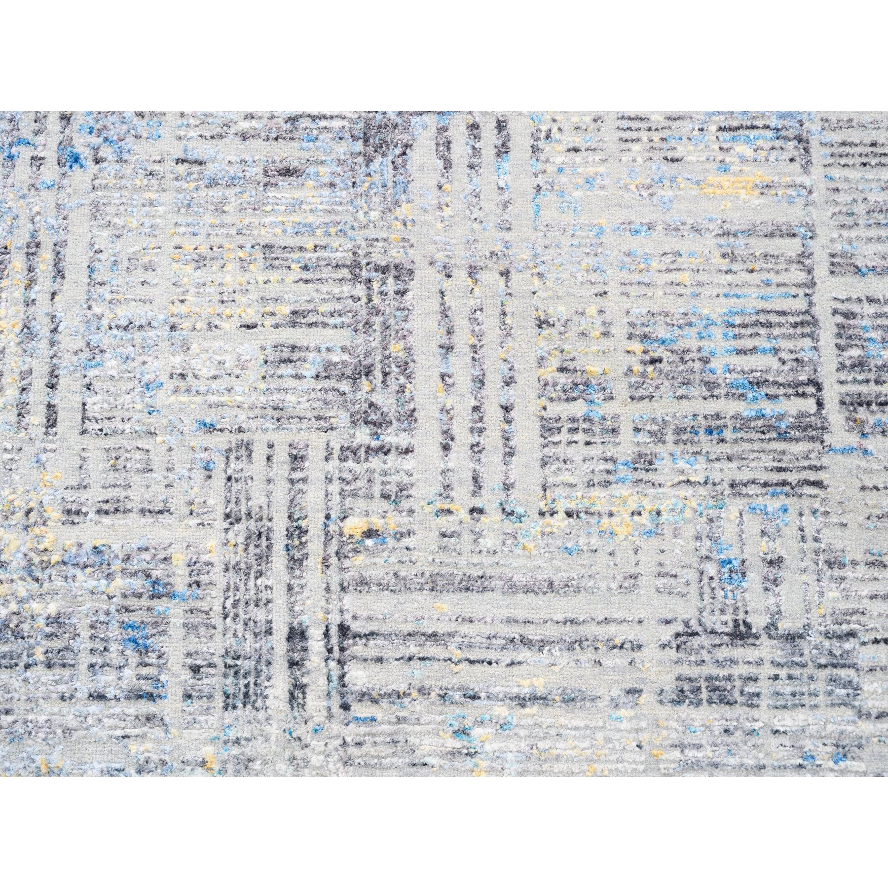 8'1"x10' Dark Gray with Touches of Blue and Yellow Modern Wool And Silk Hand Woven Oriental Rug 