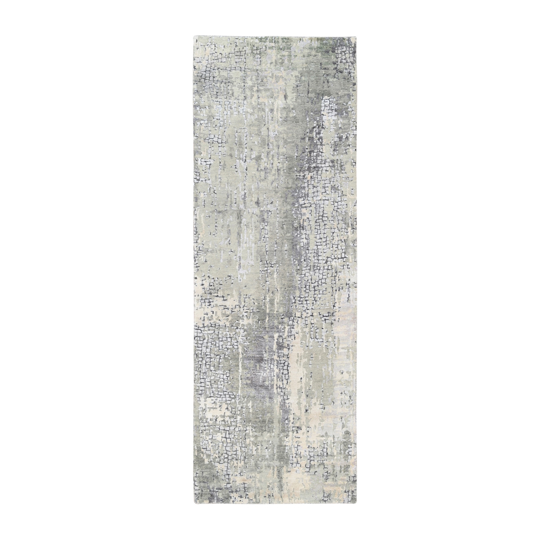 2'8"x7'10" Hand Woven Taupe Wool and Silk Abstract with Mosaic Design Oriental Runner Rug 