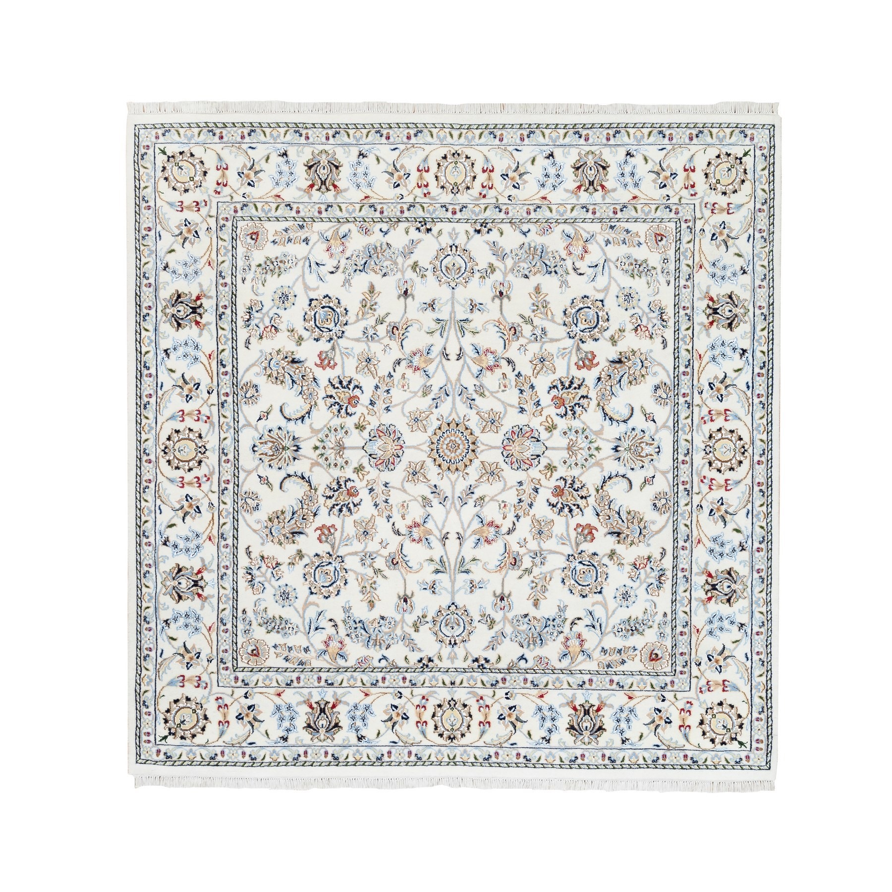 5'9"x5'9" All Over Floral Design Ivory Square Wool and Silk 250 KPSI Nain Hand Woven Fine Oriental Rug 