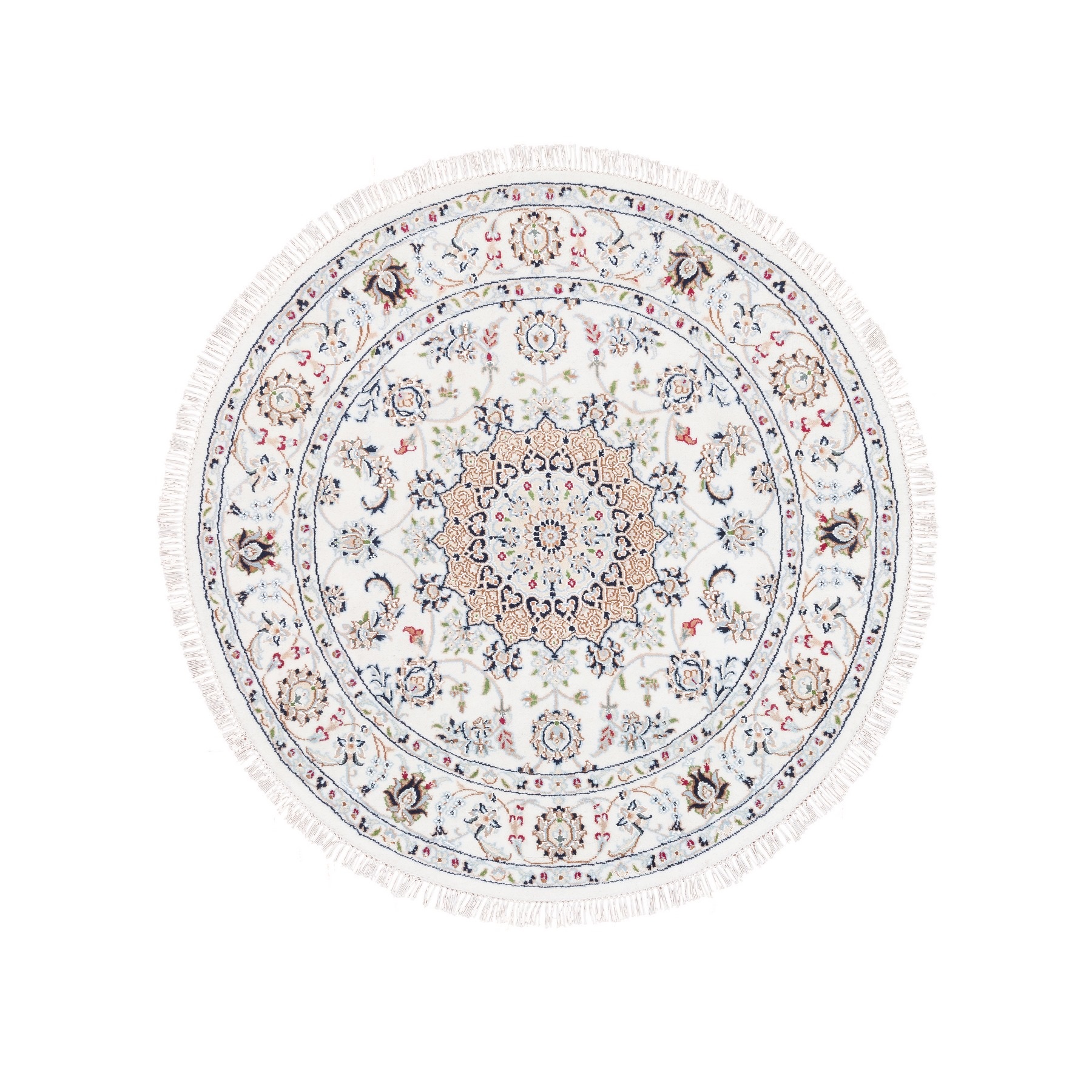 4'1"x4'1" Wool and Silk 250 KPSI Nain Ivory Hand Woven Medallion and Flowers Design Round Fine Oriental Rug 
