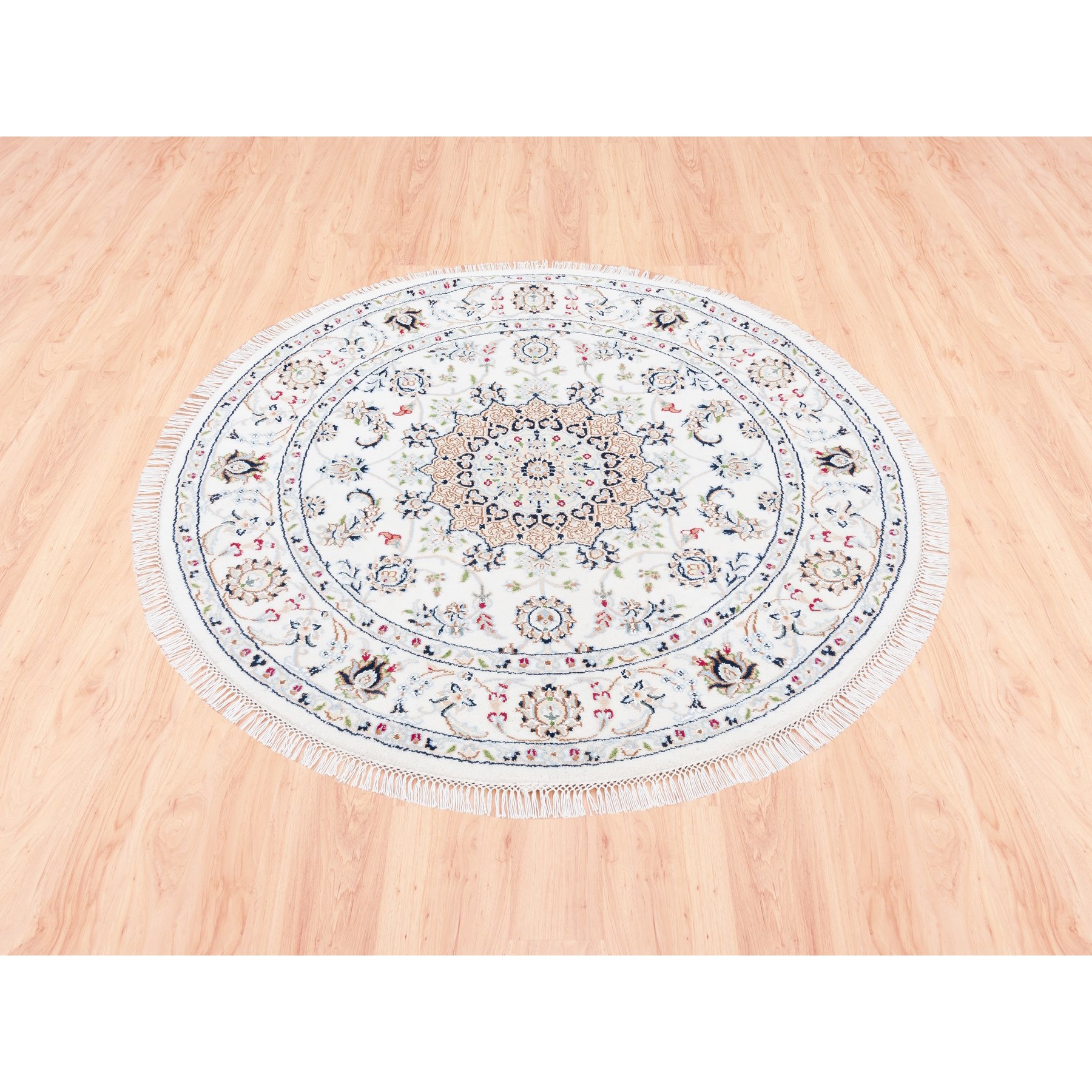 4'1"x4'1" Wool and Silk 250 KPSI Nain Ivory Hand Woven Medallion and Flowers Design Round Fine Oriental Rug 