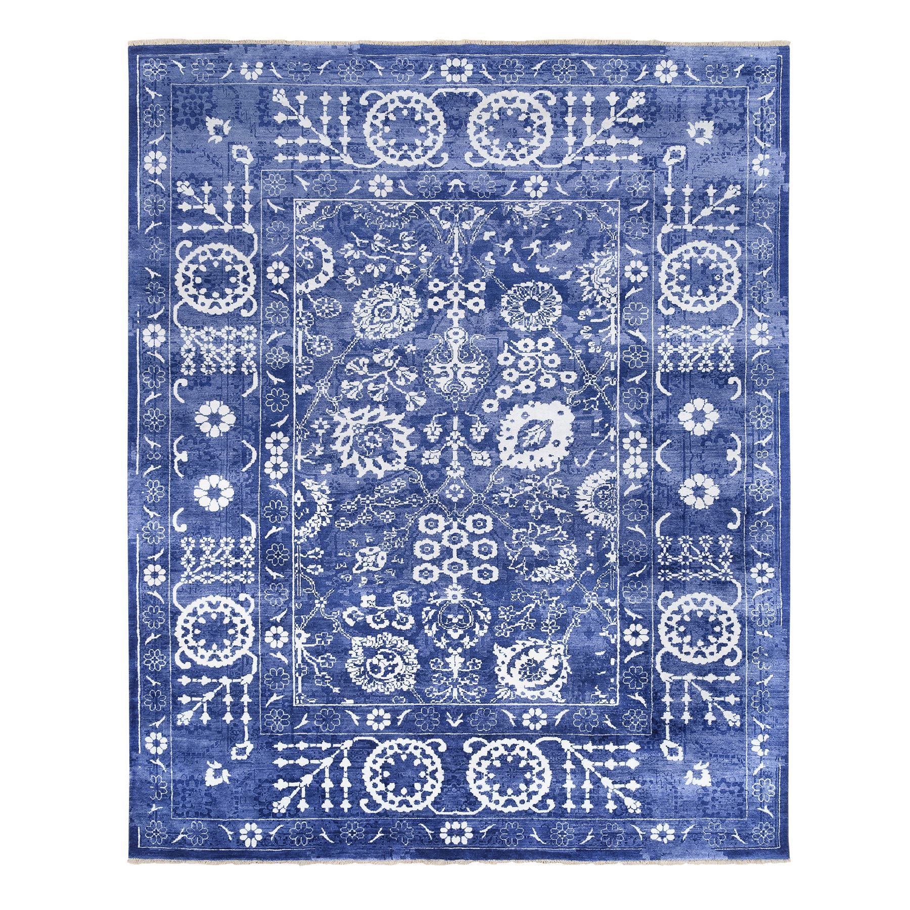 8'2"x9'10" Wool and Silk Blue Hand Woven Tone On Tone Tabriz Oriental Rug 