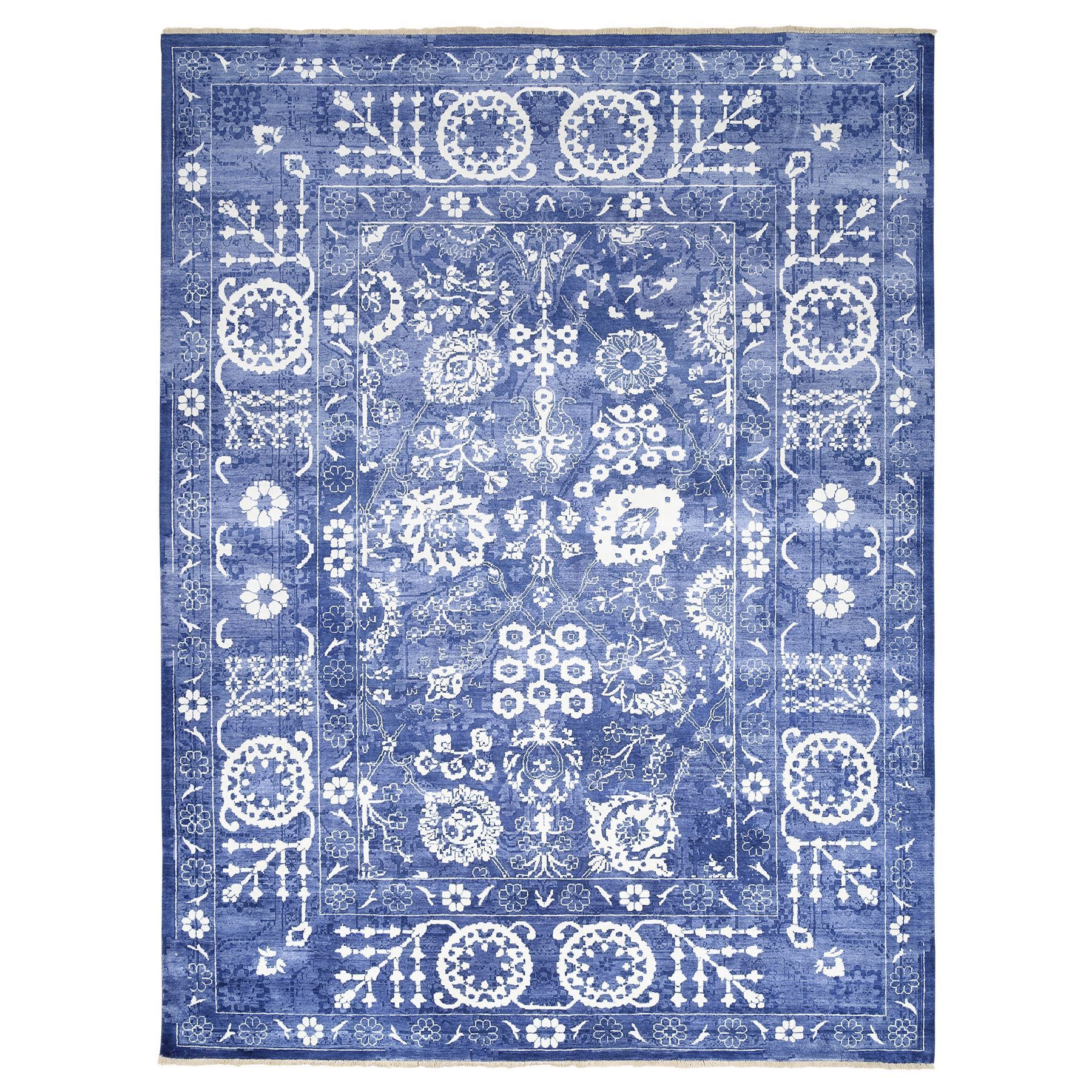9'x12' Hand Woven Denim Blue Tone On Tone Tabriz Wool and Silk Oriental Rug 